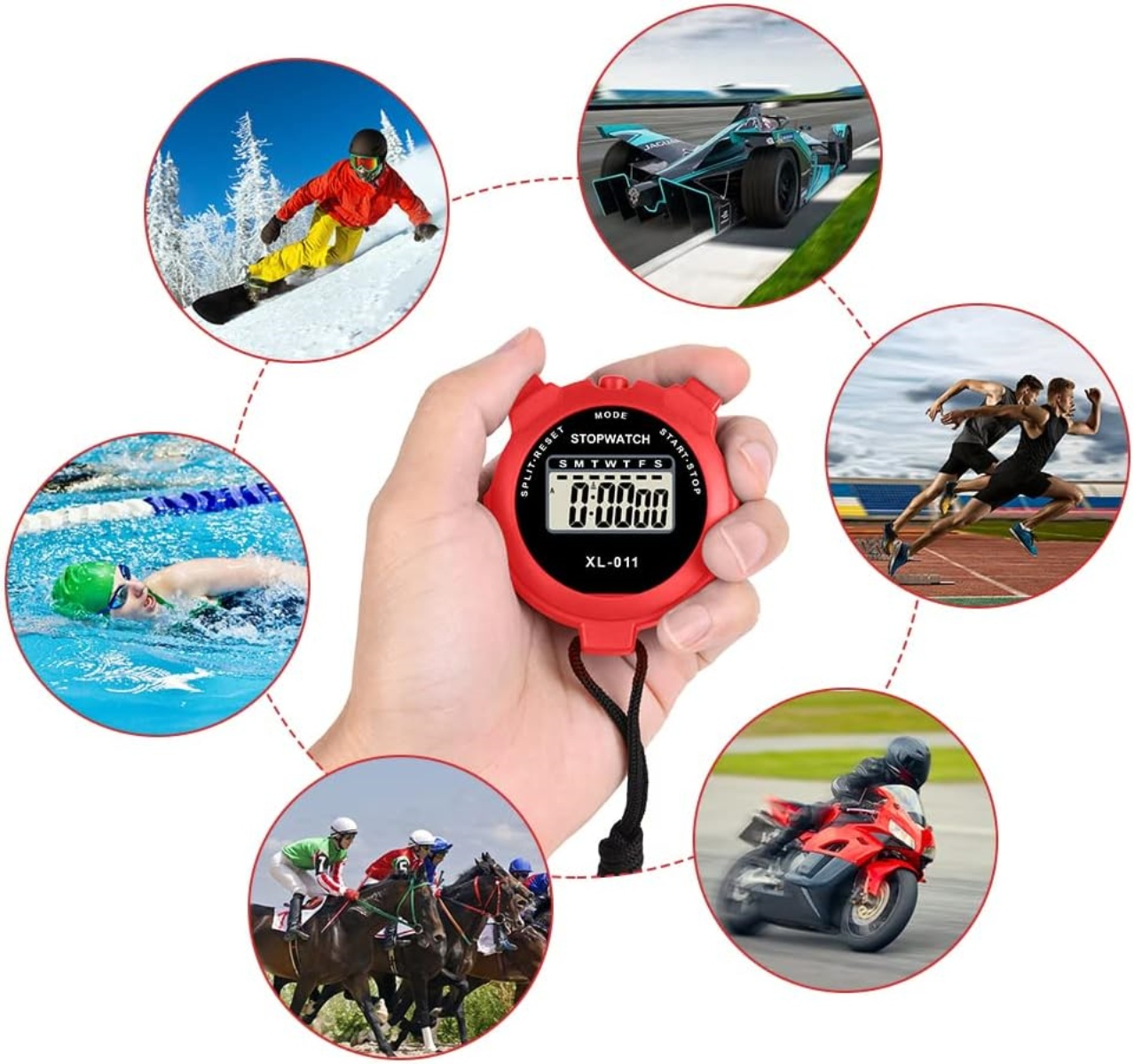 Eine Hand hält eine rote Stoppuhr, umgeben von kreisförmigen Bildern von Sportarten: Skifahren, Rennwagen, Läufer, Motorrad, Pferderennen und Schwimmen.