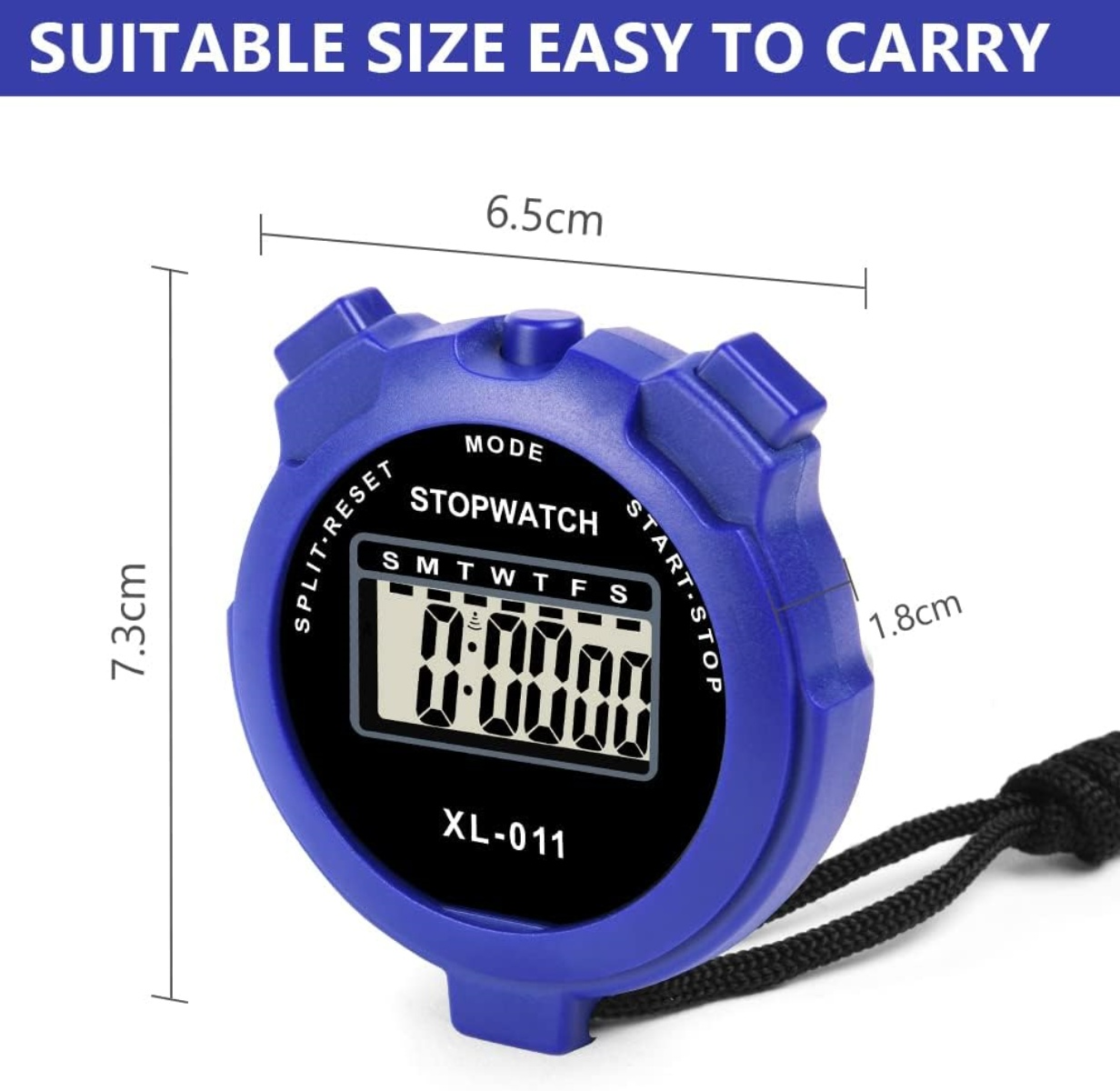 Blaue Stoppuhr mit schwarzem Display, das '0:00:00' anzeigt. Hat Tasten für Split/Reset und Start/Stop. Abmessungen sind angegeben.