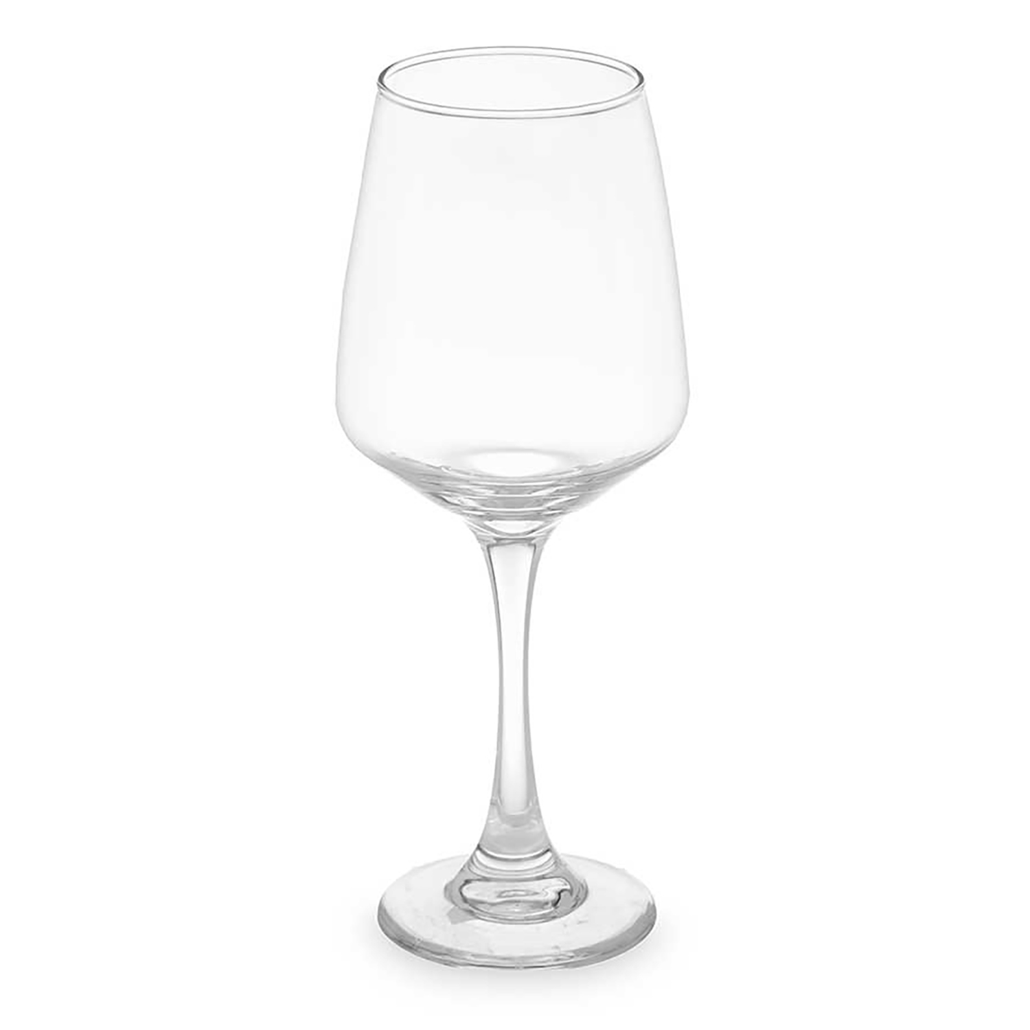 Una copa de vino transparente sobre una superficie blanca. Tiene un tallo largo, una base redonda y una copa ancha y abierta.