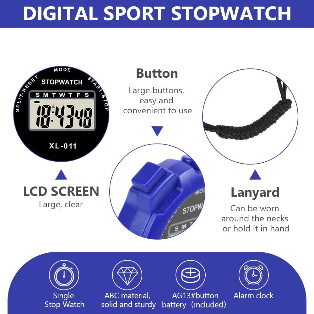 Digitale Sport-Stoppuhr mit LCD-Bildschirm, Knöpfen und Lanyard. Merkmale: Stoppuhr, Wecker und Batterie.