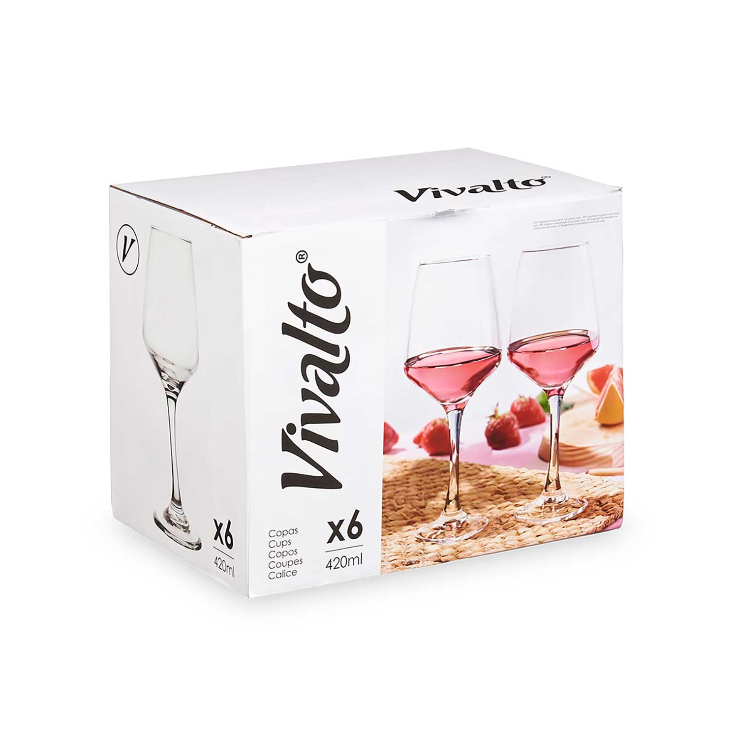 Una caja de copas de vino Vivallo. Se ven dos copas llenas de líquido rosa y fresas.
