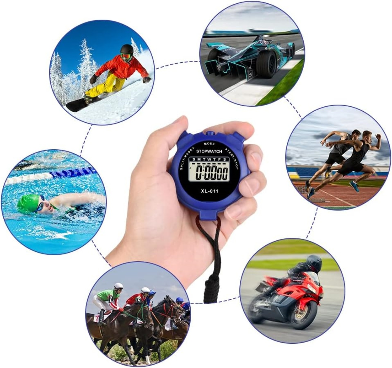 Eine Hand hält eine blaue Stoppuhr, umgeben von Sportarten: Skifahren, Rennwagen, Läufer, Motorrad, Pferderennen und Schwimmen.