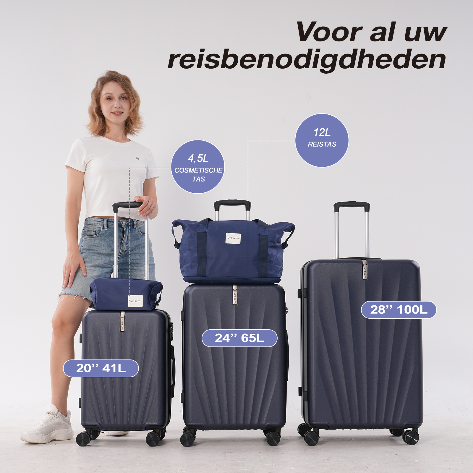 Woman with luggage, including a cosmetic bag, a carry-on, and two larger suitcases. Text reads 'Voor al uw reisbenodigdheden'.