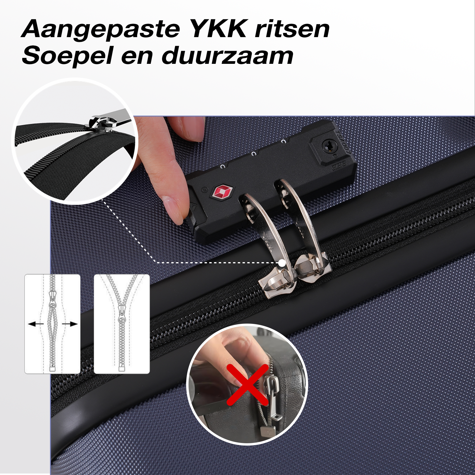 Image shows a suitcase with zipper details, a lock, and a hand. Text says 'YKK zippers'.