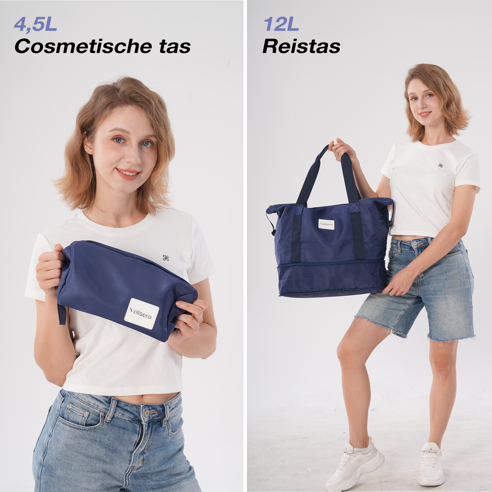 Two women holding navy bags. One is a cosmetic bag, the other a travel bag, both with white labels. Both women wear white shirts and jeans.