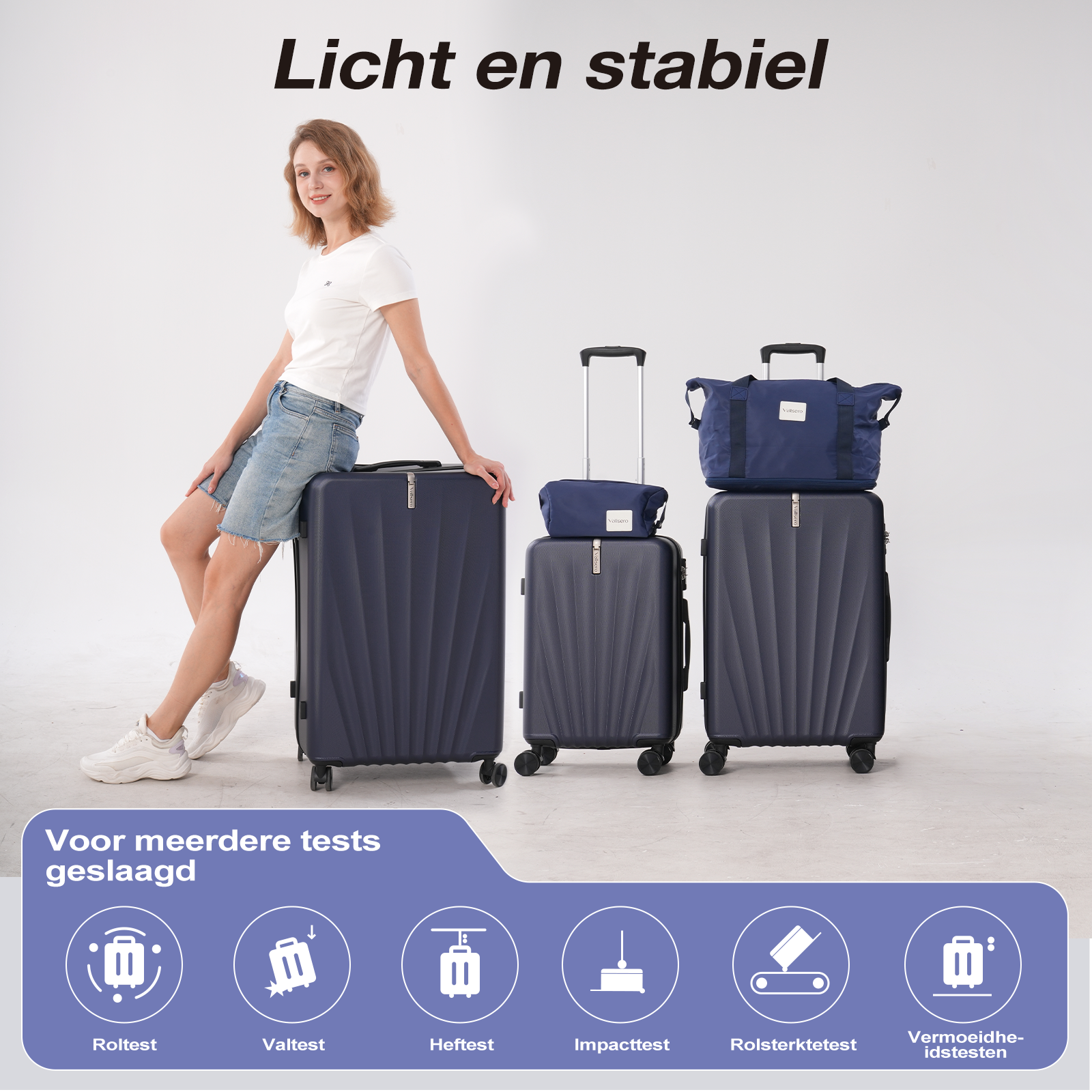 A woman sits on a navy suitcase. Other suitcases and a bag are behind her. Text says 'Licht en stabiel'.