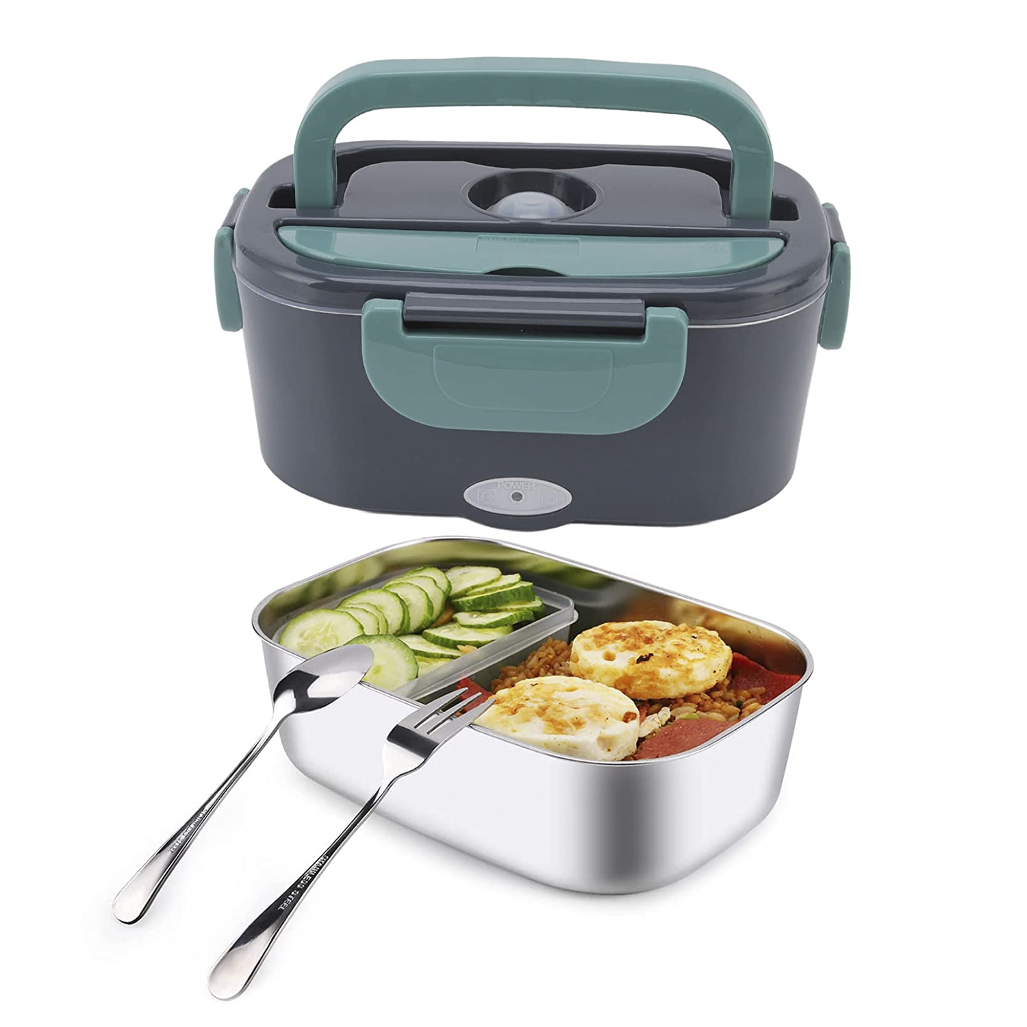 Una fiambrera eléctrica con asa y clip verdes. Debajo, un recipiente de acero inoxidable con comida y utensilios.