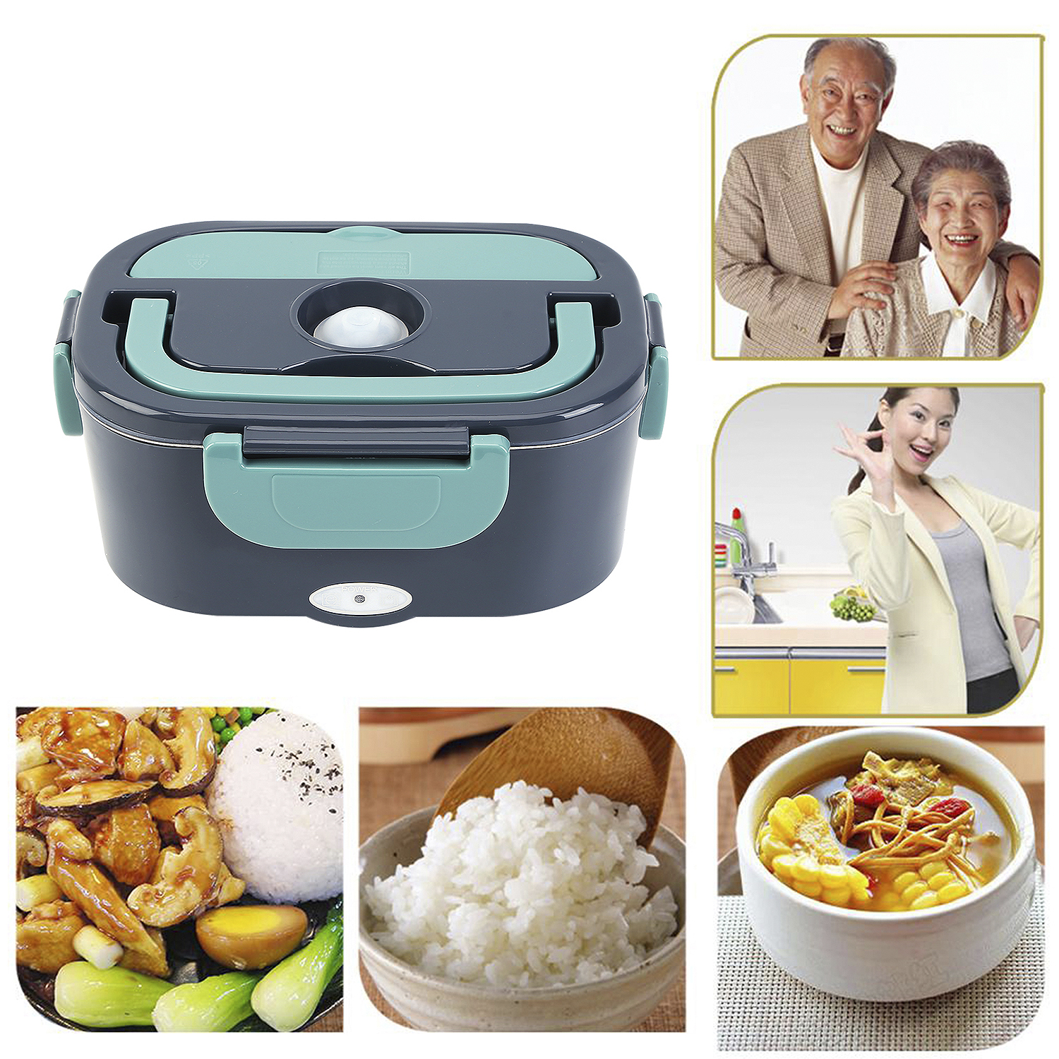 Una fiambrera eléctrica, con imágenes de comida y personas. Los platos incluyen arroz, sopa y una comida con verduras. La gente sonríe.