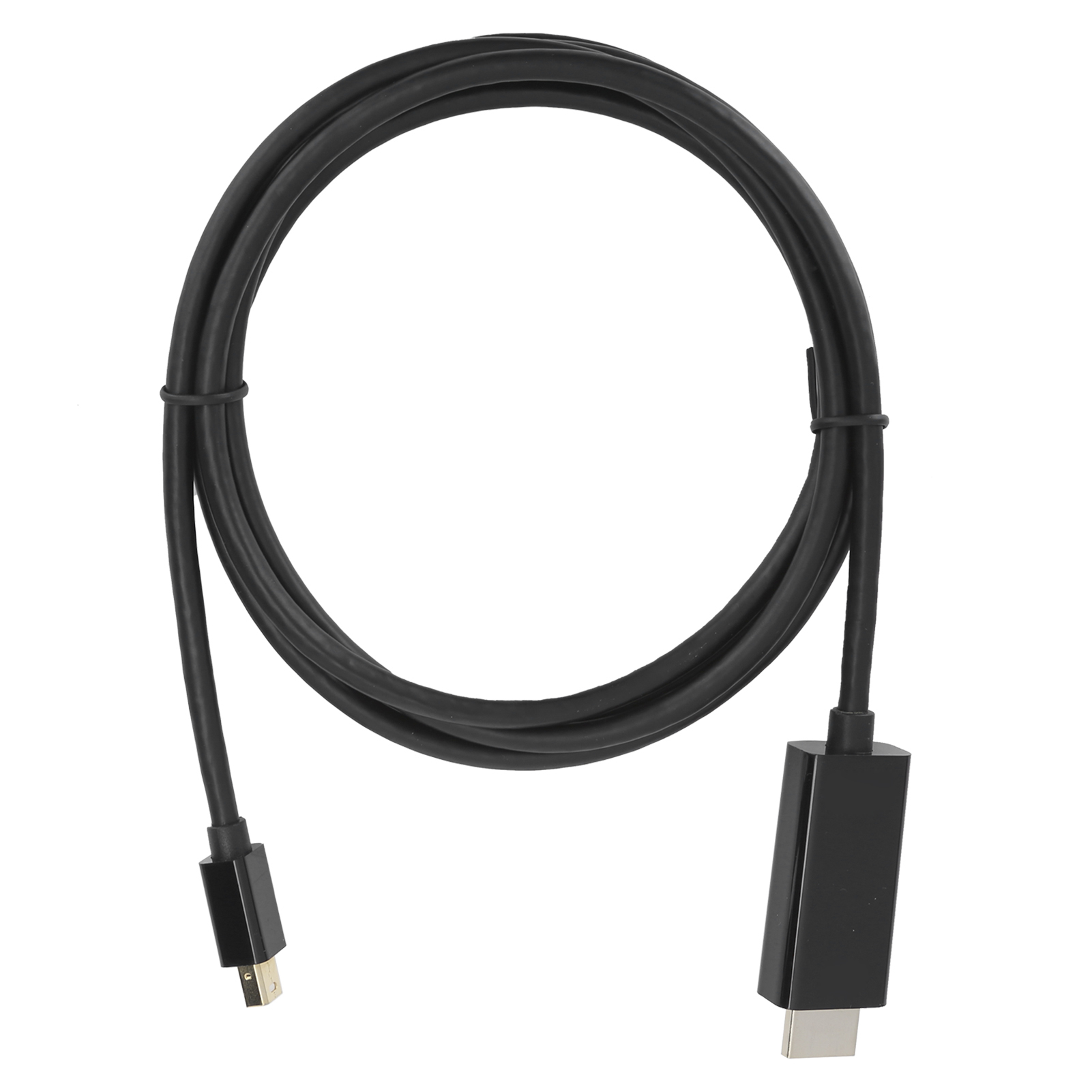 Ein schwarzes Kabel mit Anschlüssen an beiden Enden, vor weißem Hintergrund geschlungen. Ein Anschluss ist größer.