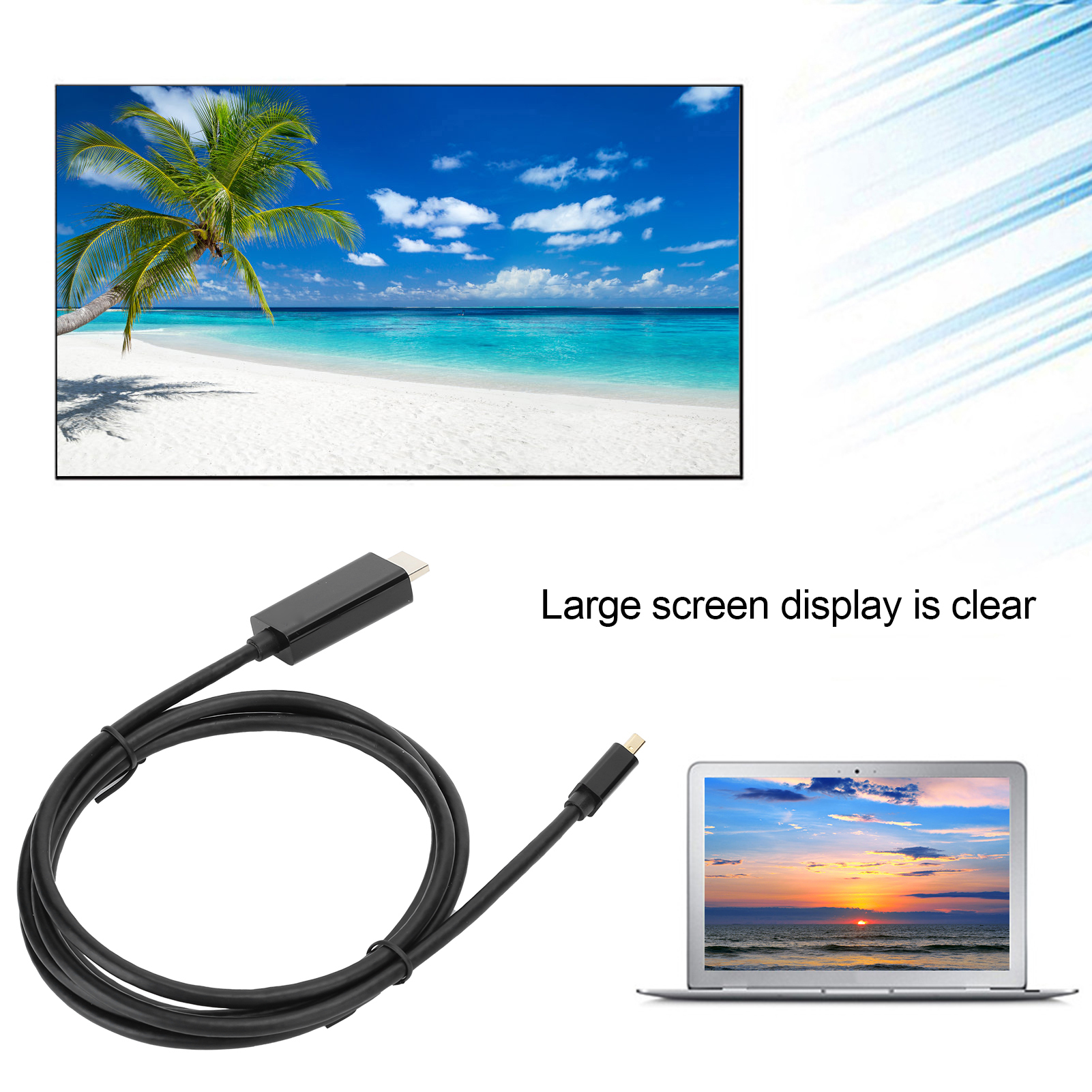 Ein Display zeigt eine Strandszene, ein schwarzes Kabel und einen Laptop mit Sonnenuntergang. Text: 'Großbildschirm ist klar'.