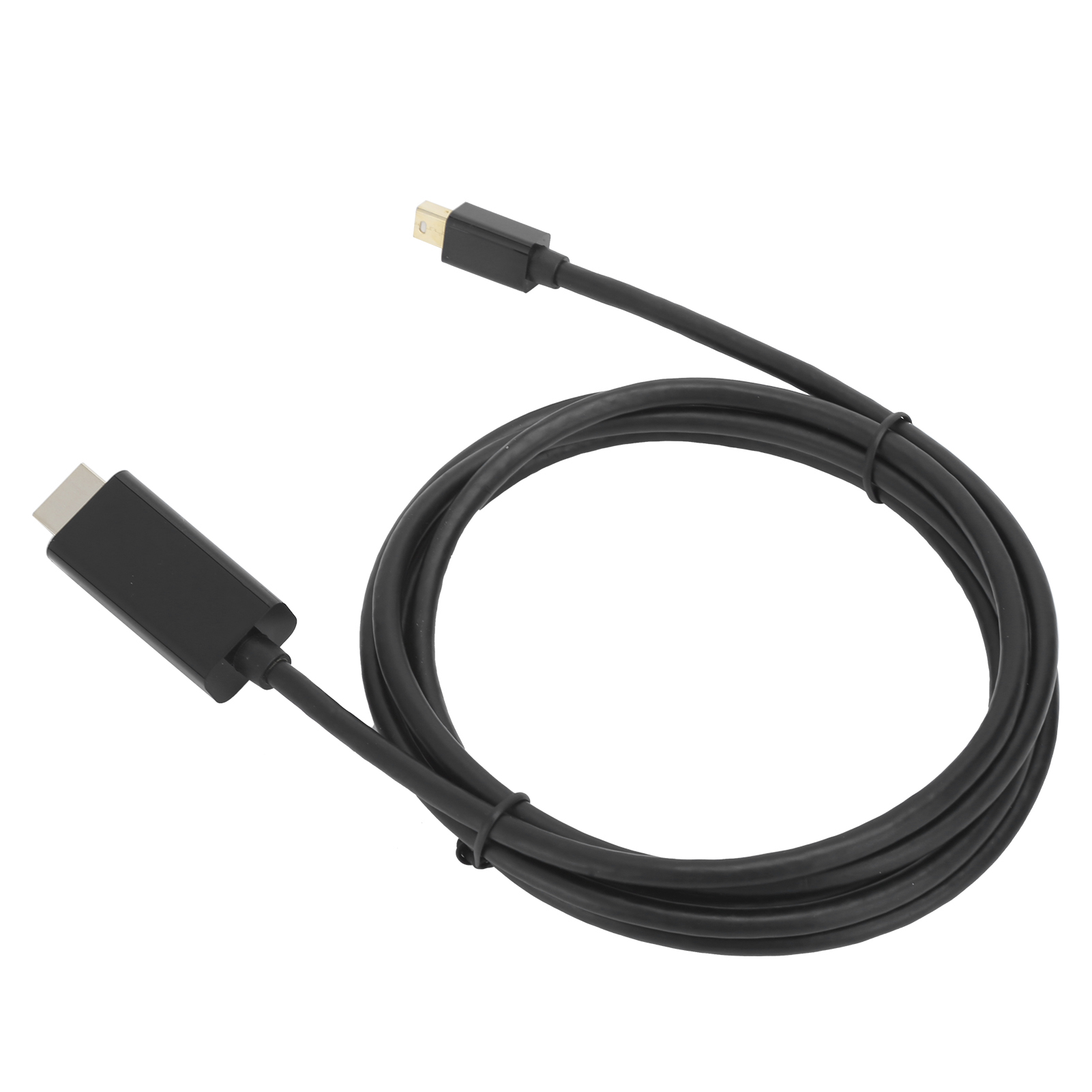 Ein schwarzes Kabel mit Steckern an jedem Ende, in der Mitte aufgerollt. Stecker sind schwarz und silber. Der Hintergrund ist weiß.
