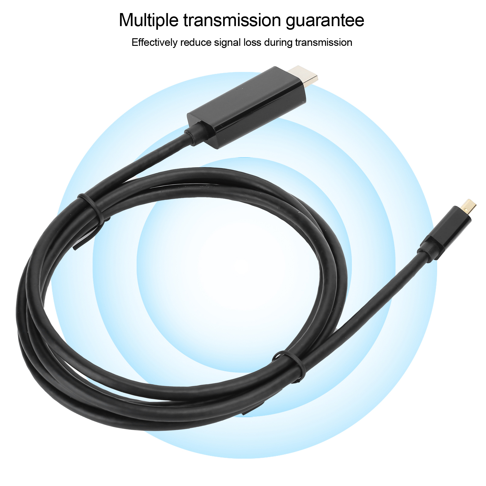 Schwarzes USB-C-Kabel mit Anschlüssen an beiden Enden, auf weißem Grund mit blauen Farbverlaufskreisen. Text: Mehrfache Übertragungsgarantie.