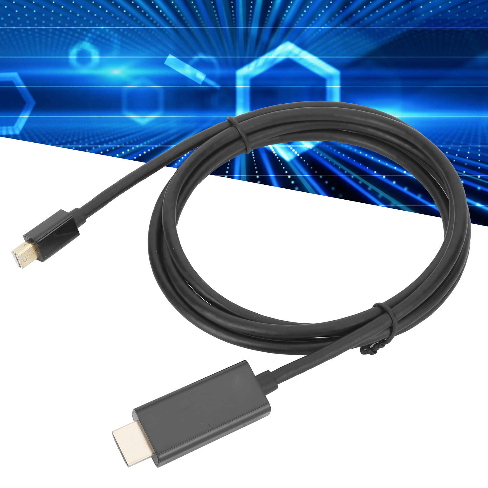 Schwarzes Kabel mit zwei Anschlüssen, einem Mini-DisplayPort und einem USB-C, vor blau-weißem Hintergrund.
