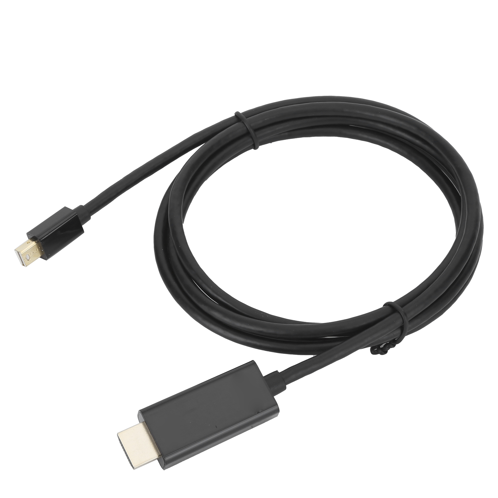 Ein schwarzes Kabel mit einem Mini-DisplayPort-Anschluss an einem Ende und einem USB-C-Anschluss am anderen Ende liegt.