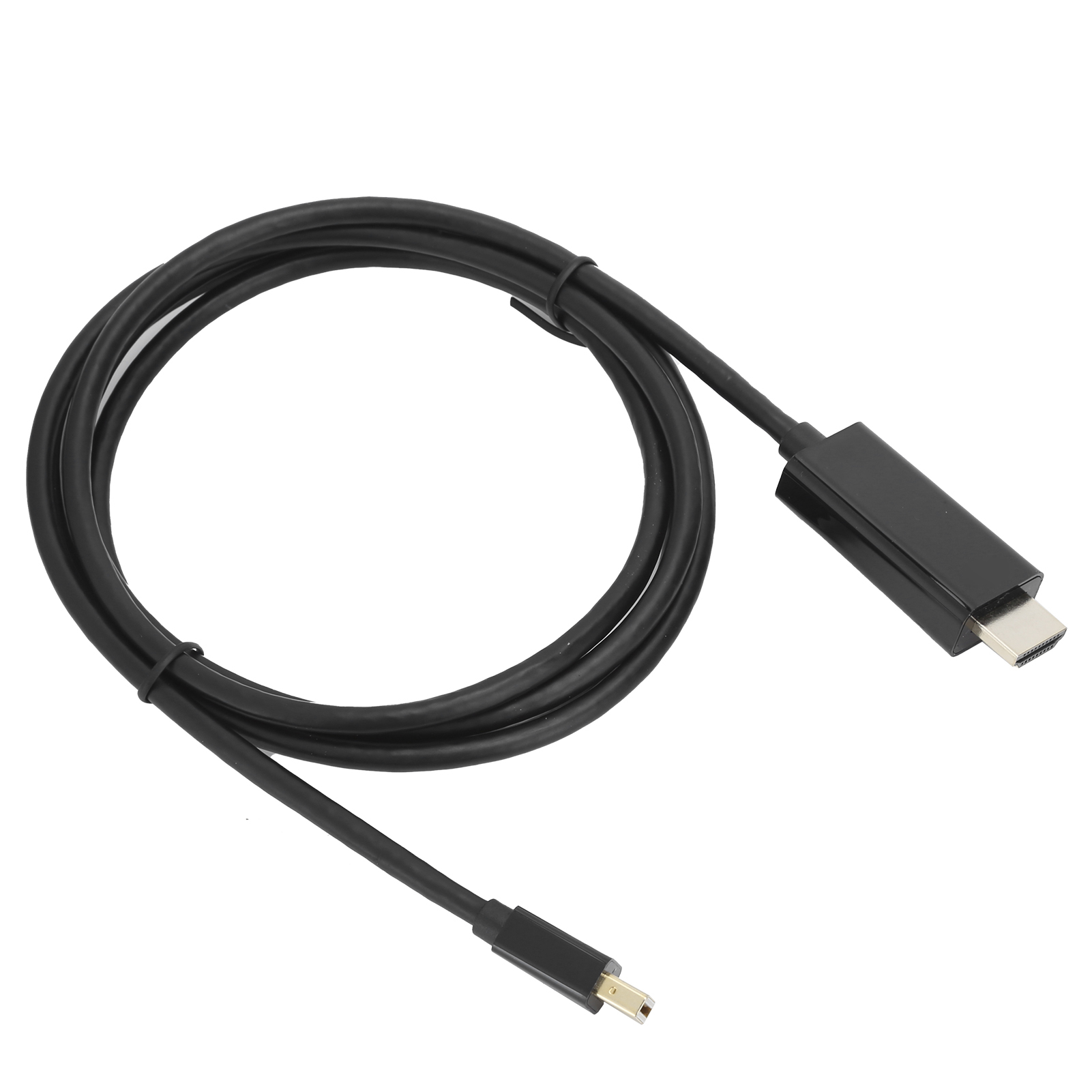 Ein schwarzes HDMI-zu-Mini-DisplayPort-Kabel, auf weißem Hintergrund.