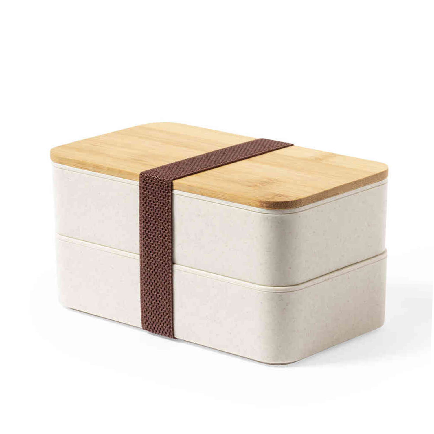 Un portapranzo beige a due livelli con coperchio in bambù e cinturino marrone. Lo sfondo è bianco.