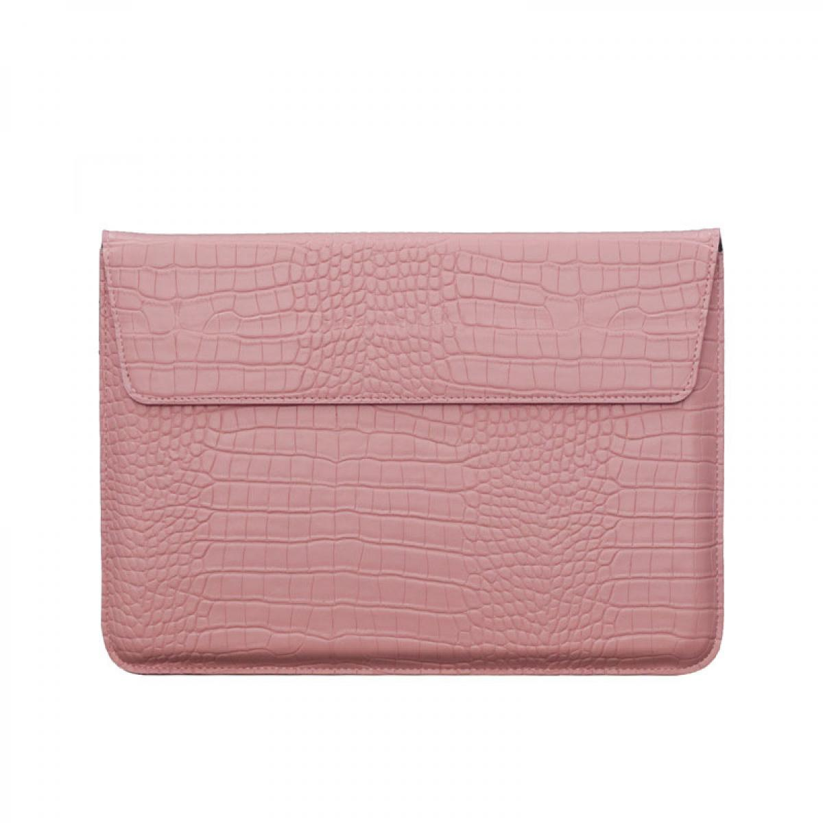Eine rosa, rechteckige Laptoptasche mit Krokodilhautstruktur wird auf weißem Hintergrund gezeigt.