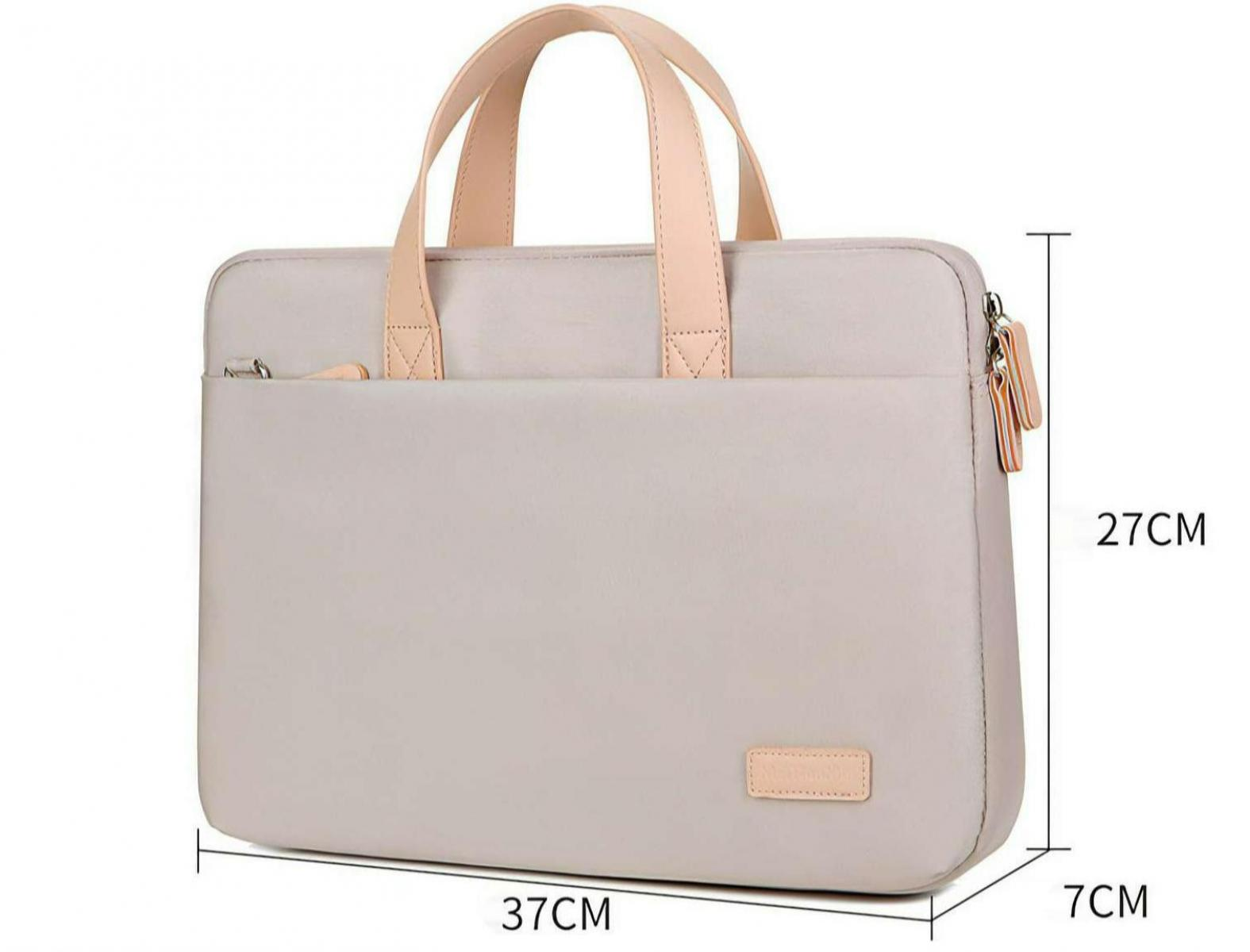 Eine beige Laptoptasche mit hellbraunen Griffen, 27 cm hoch und 37 cm breit, ist abgebildet.