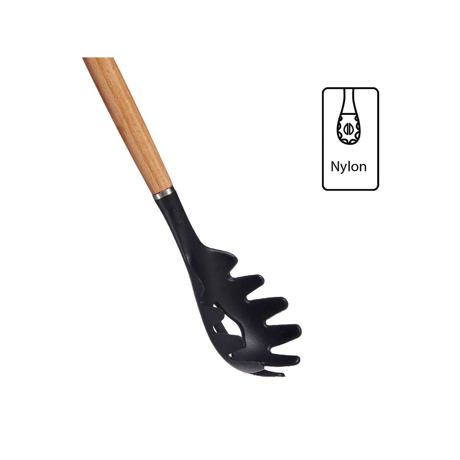 Un server per spaghetti in nylon nero con manico in legno. Un'etichetta in nylon è sul lato destro.