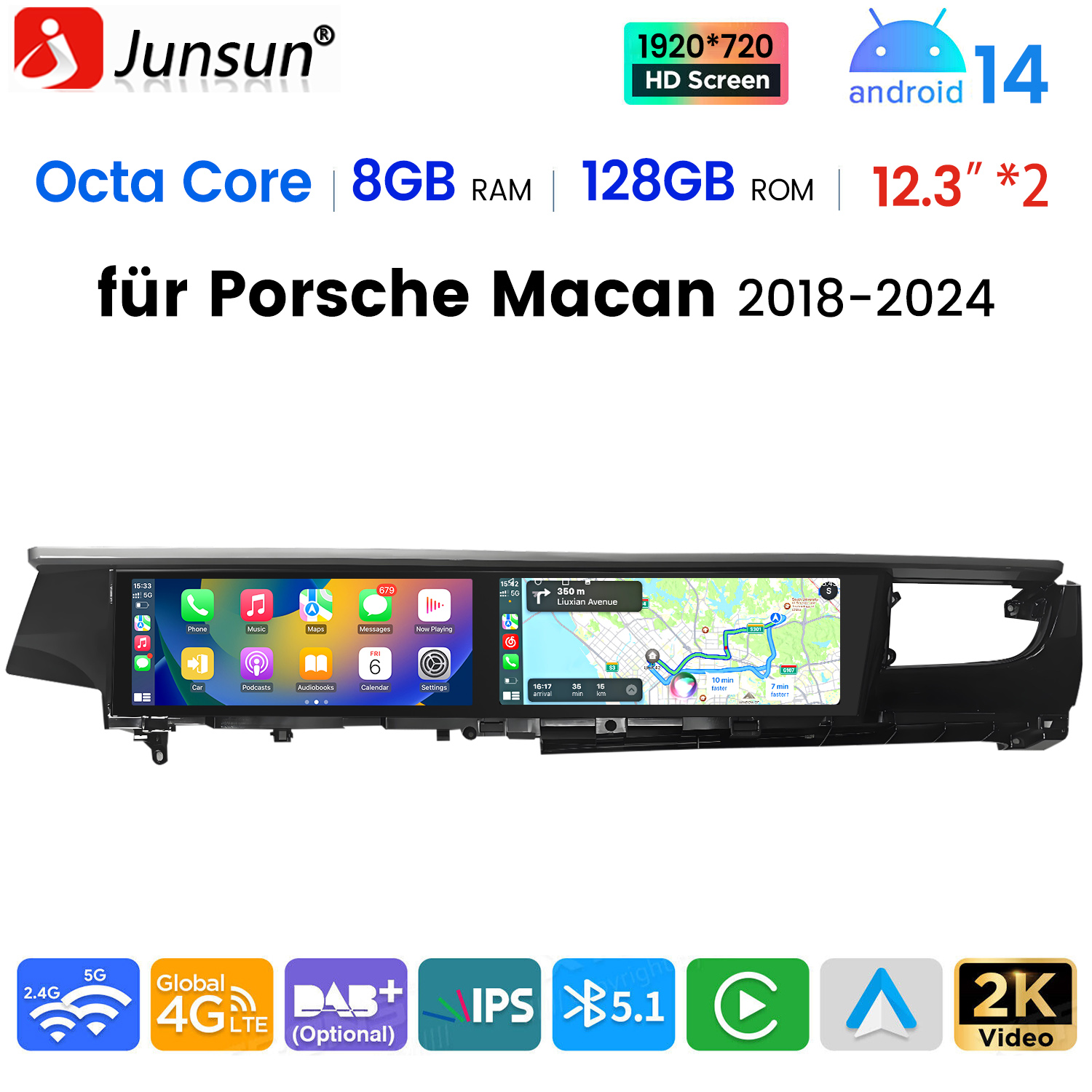 System multimedialny do samochodu z ekranem wyświetlającym aplikacje i nawigację. Tekst wskazuje Octa Core, 8GB RAM, 128GB ROM, dla Porsche Macan.