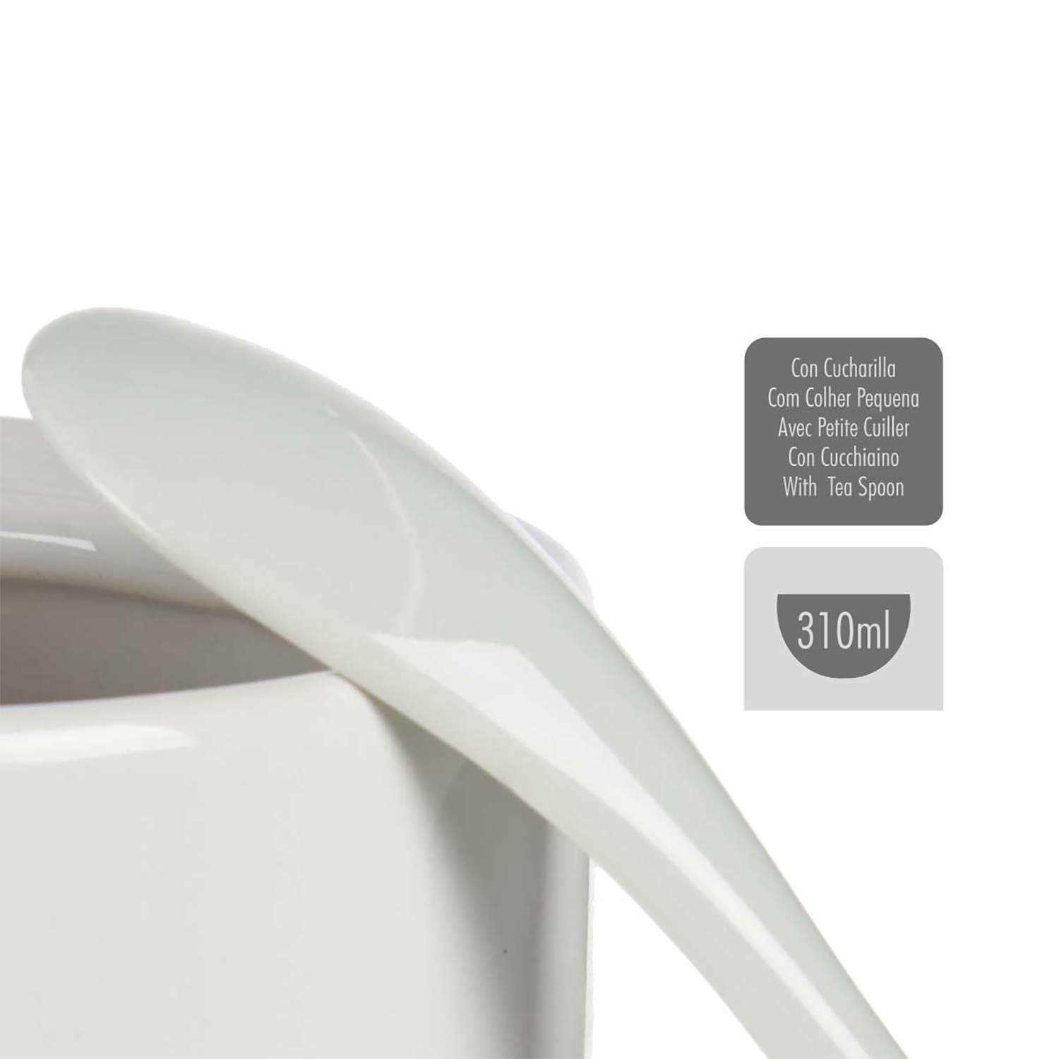 Un cuenco de cerámica blanco con una cuchara. Texto a la derecha: 'Con Cucharilla' y '310ml'.
