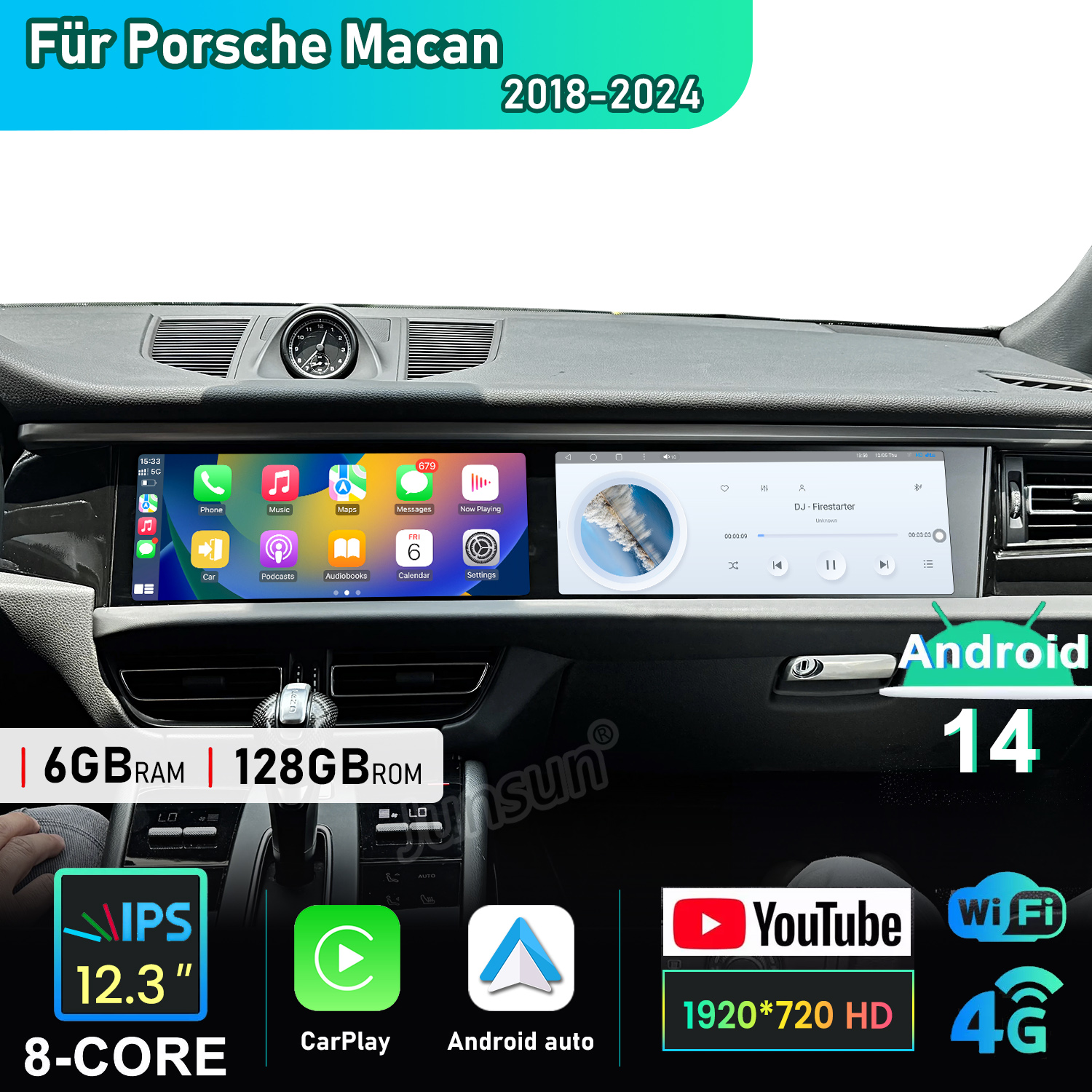 Ekran multimedialny samochodu. Pokazuje aplikacje, carplay, android auto i android 14. Specyfikacje: 6GB RAM, 128GB ROM, 12.3" IPS, 8 rdzeni, 1920*720 HD.