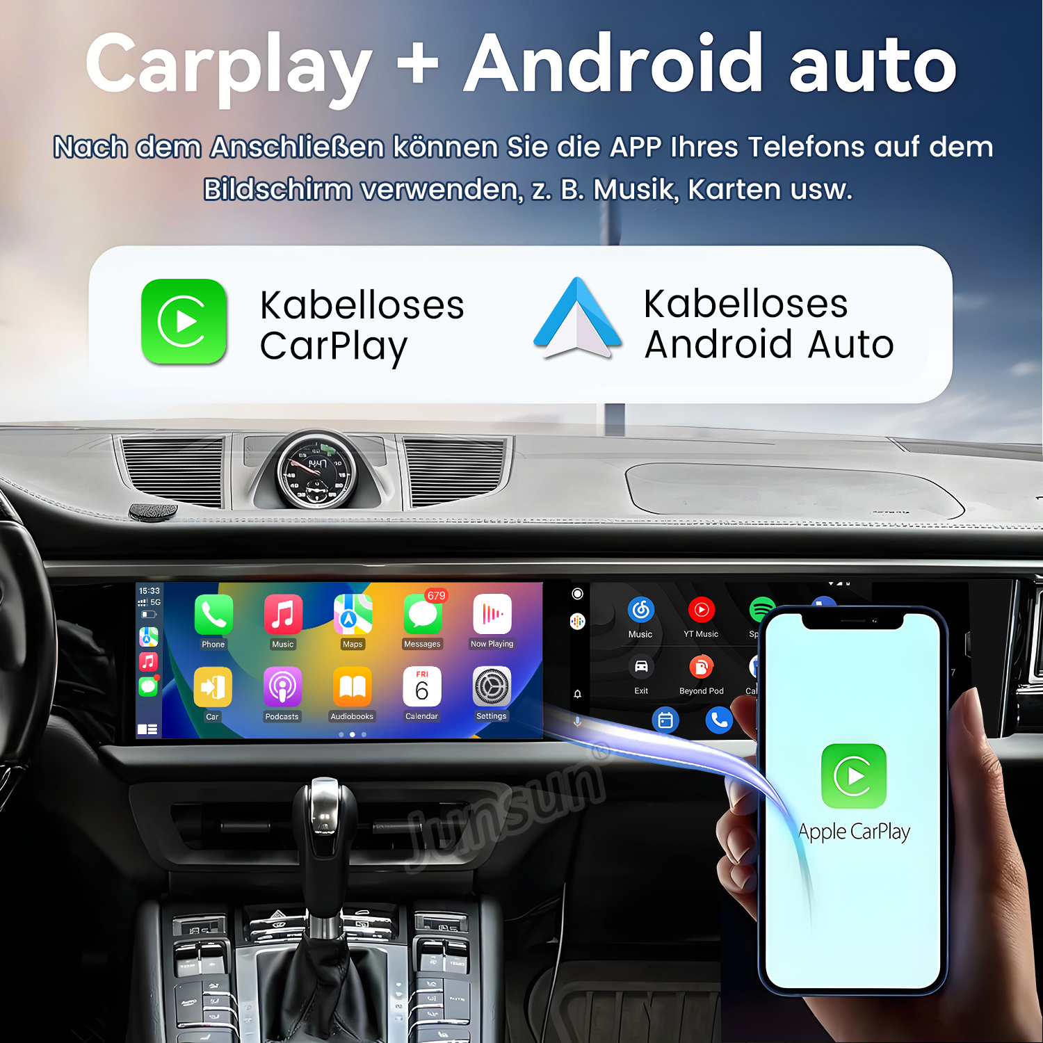 Interfejs Carplay i Android Auto w samochodzie. Podłączony telefon wyświetla Apple CarPlay. Ekran samochodu pokazuje ikony aplikacji.