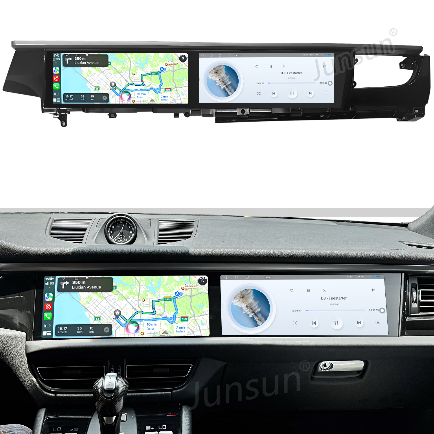 Armaturenbrett mit GPS-Navigation und Musik-Player-Anzeigen. Zeigt eine Karte und Musiksteuerungen für Firestarter.