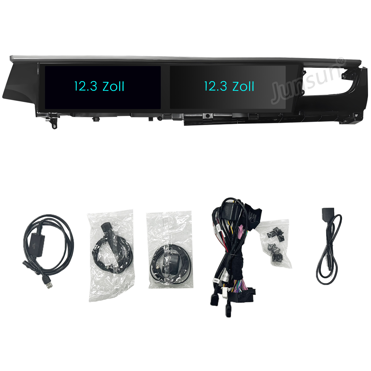 Schwarzes Auto-Armaturenbrett mit zwei 12,3 Zoll Bildschirmen und Kabeln. Verschiedene schwarze Kabel und Anschlüsse auf weißer Oberfläche.
