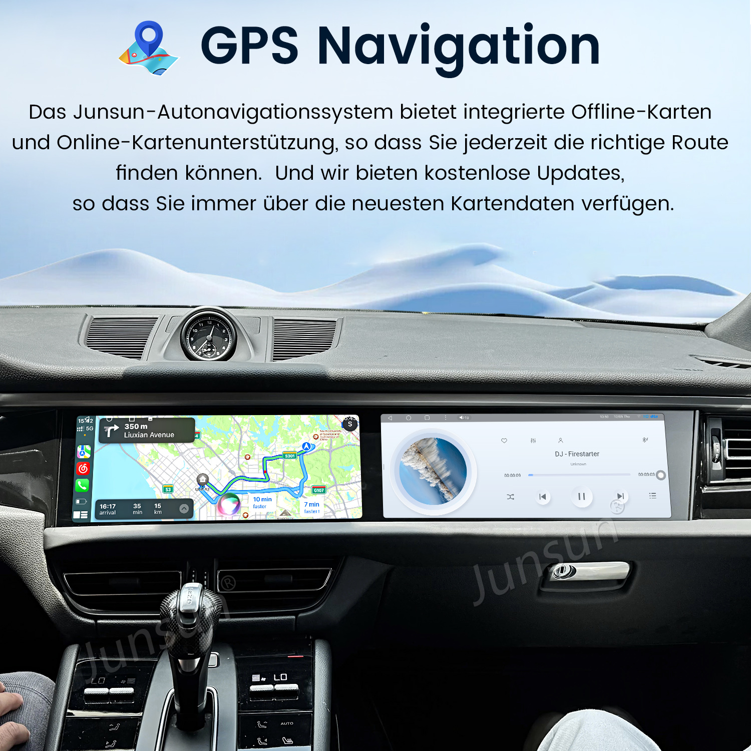 Deska rozdzielcza samochodu z ekranem nawigacji GPS wyświetlającym mapę i elementy sterowania muzyką. Widoczny zegar i zmiana biegów.