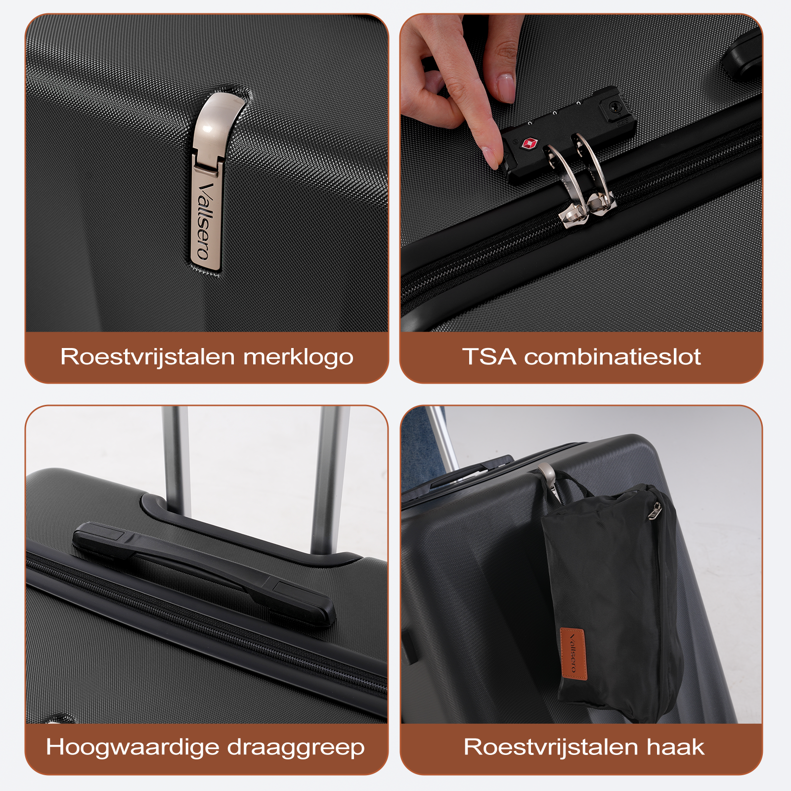 Close-up images of a black suitcase with details: metal logo, TSA lock, handle, and hook with a small bag.