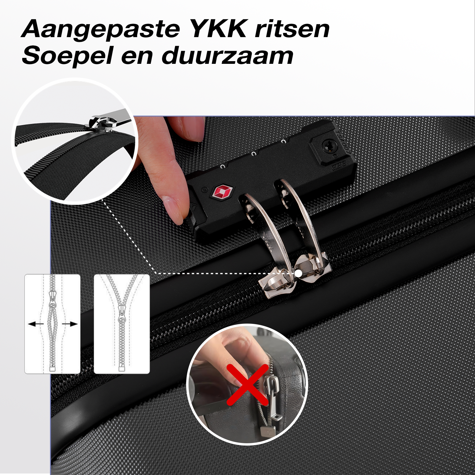 Image shows close-ups of a suitcase zipper and lock. There are diagrams and a hand with a red cross over a broken zipper.