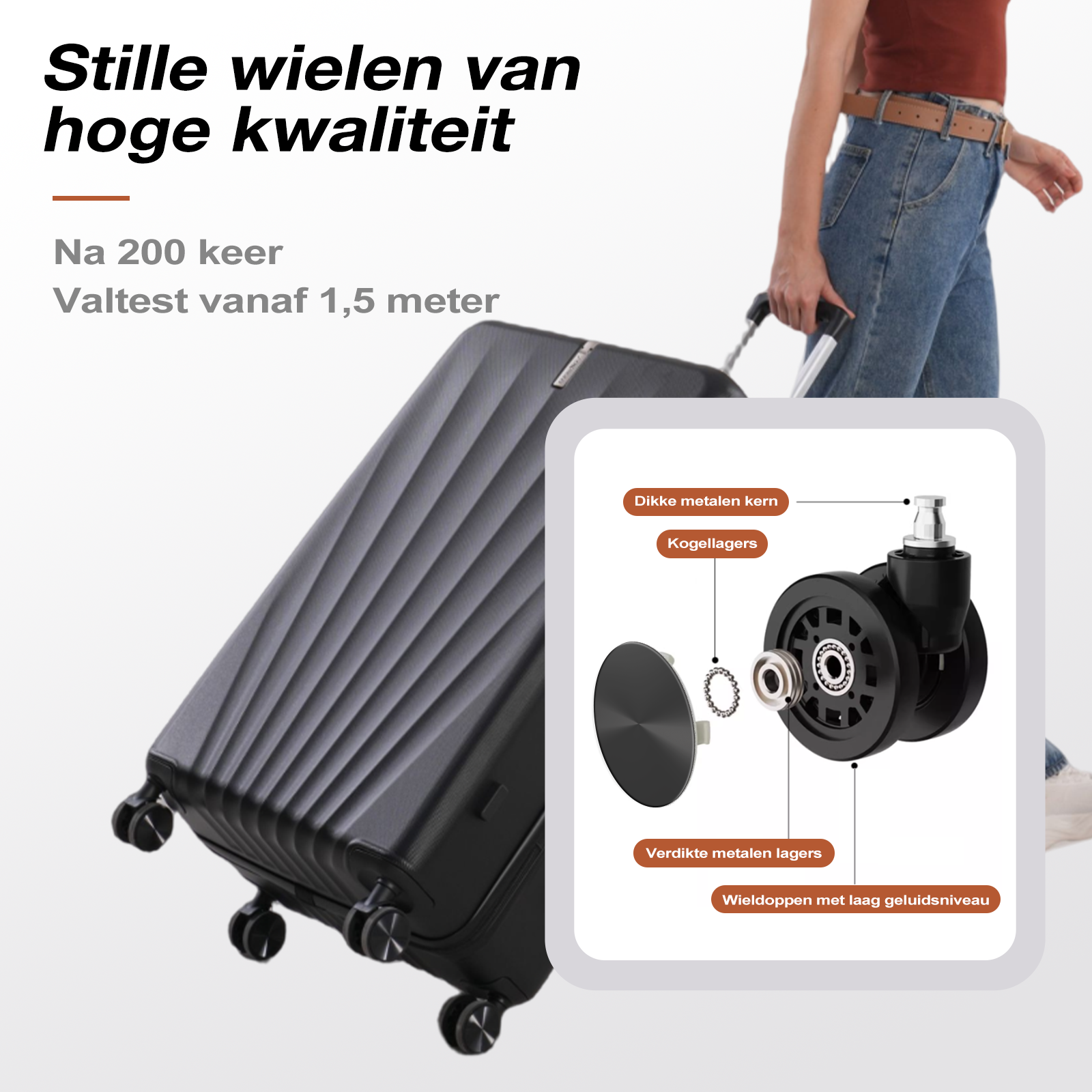 A black suitcase with detailed wheels. A person with jeans and a brown top is pulling it. Technical details are shown.