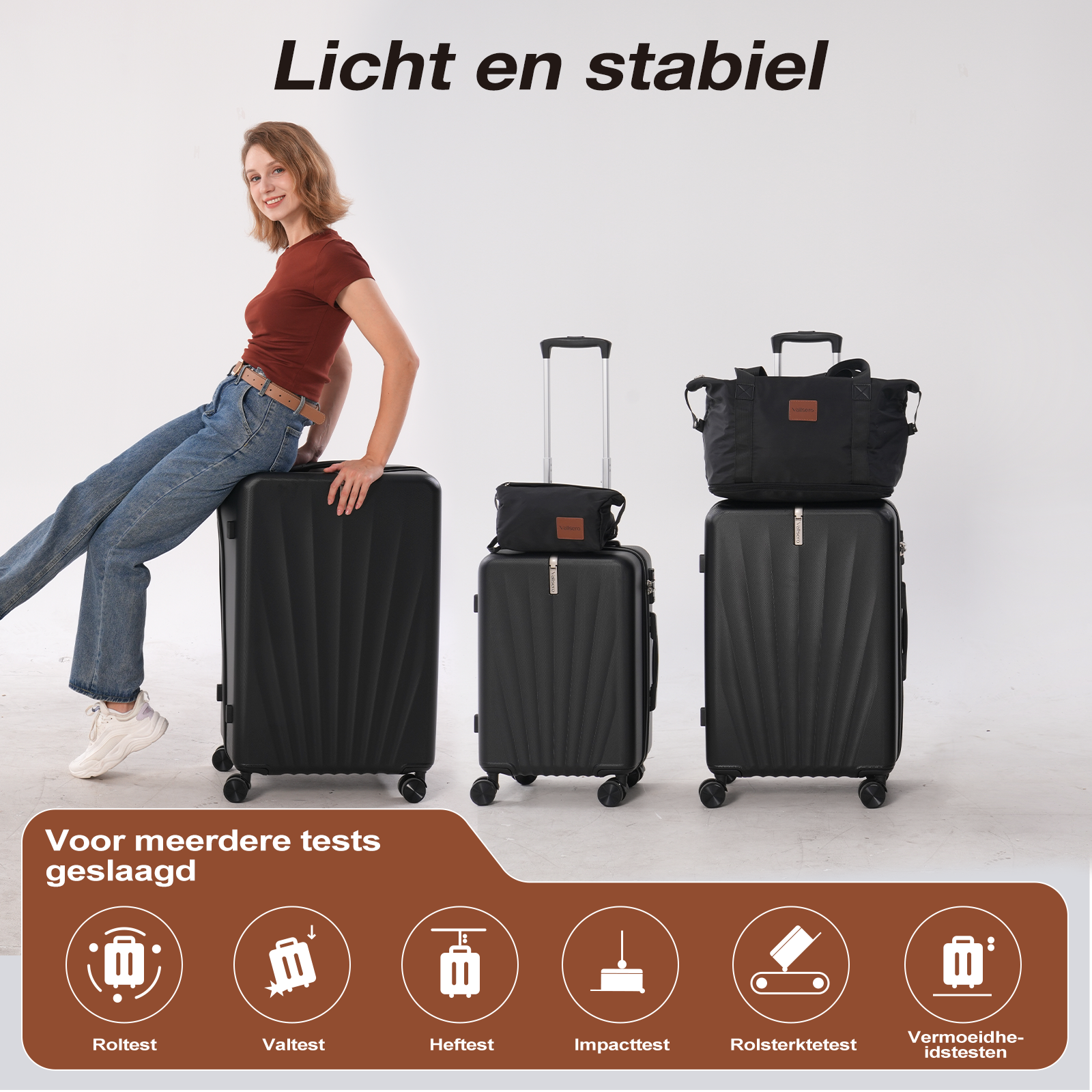 A woman sits on a black suitcase, with two more suitcases and a bag. Text reads 'Licht en stabiel' and 'Voor meerdere tests geslaagd'.