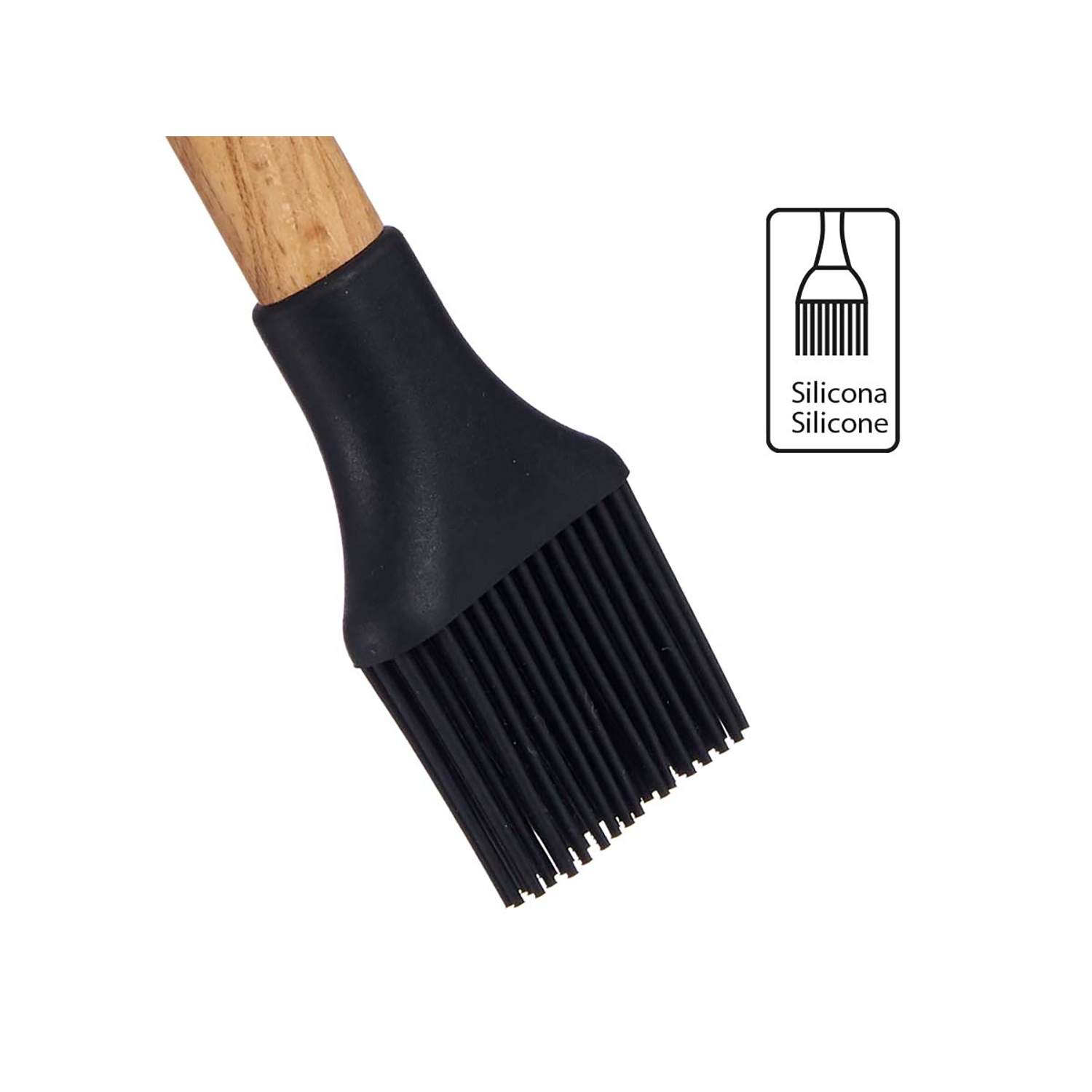 Un pennello da cucina in silicone nero con manico in legno. Un'etichetta "Silicone" sullo sfondo.