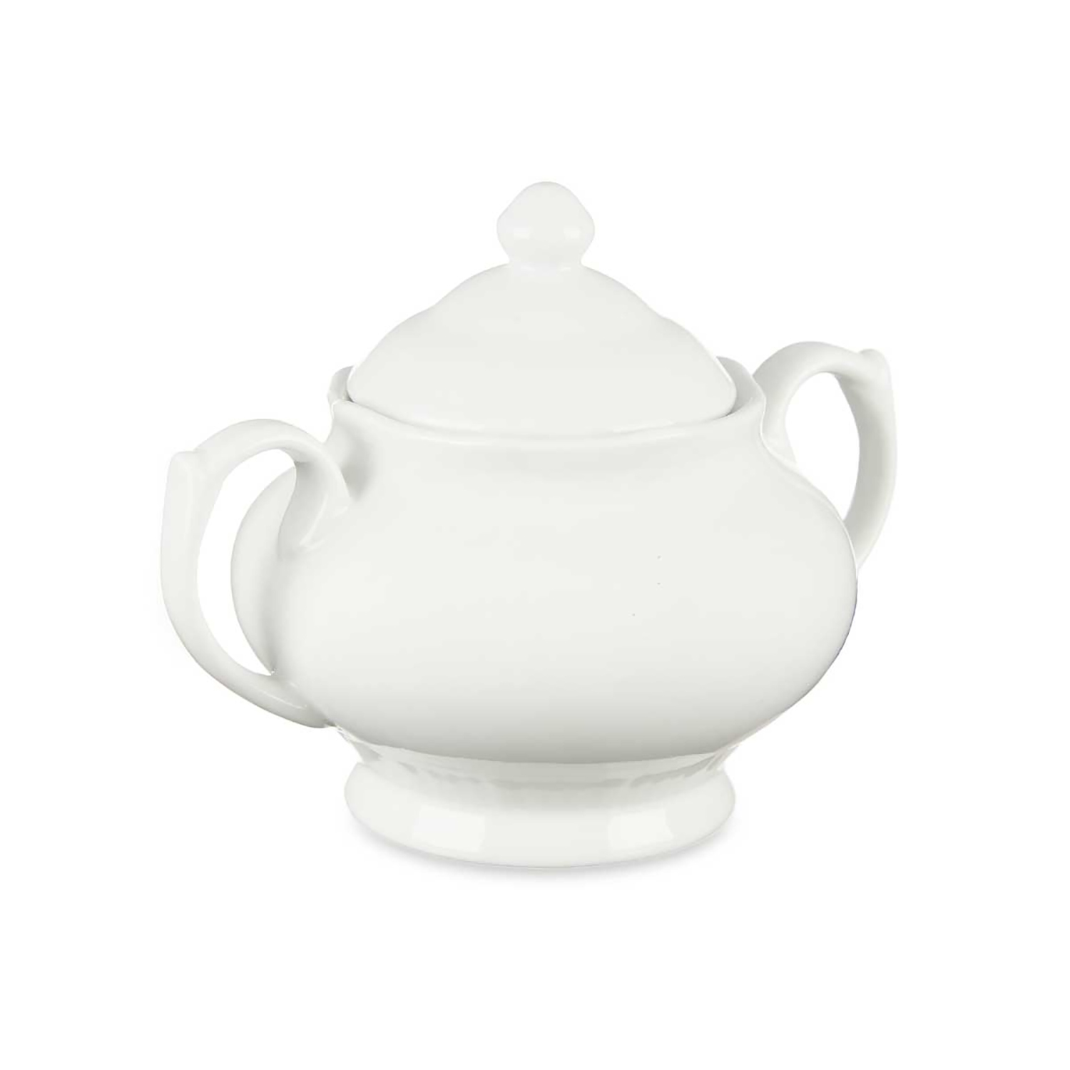Zuccheriera in ceramica bianca con coperchio, due manici e base arrotondata, su sfondo bianco.