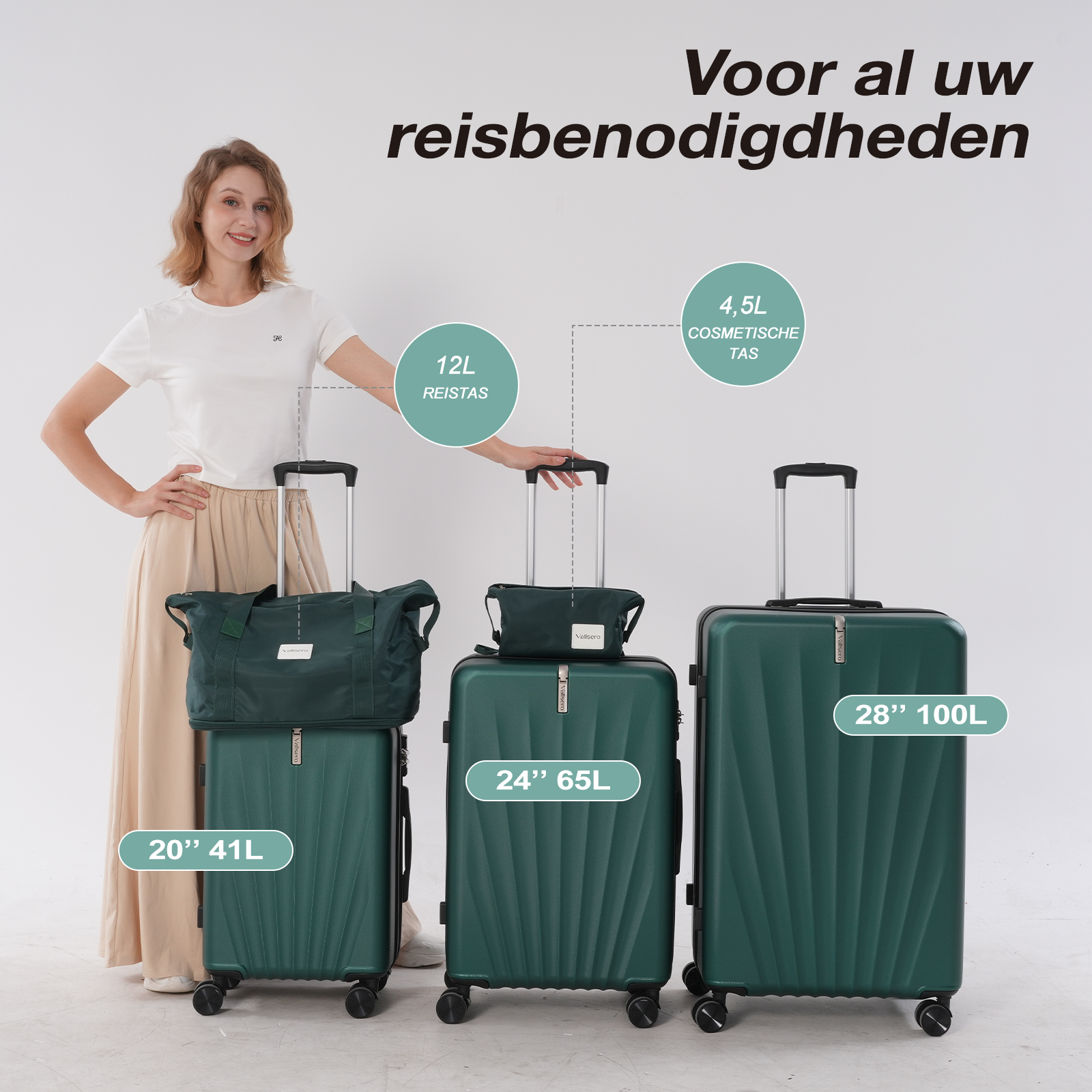 A woman stands with three green suitcases of different sizes. Text above says 'Voor al uw reisbenodigdheden'.