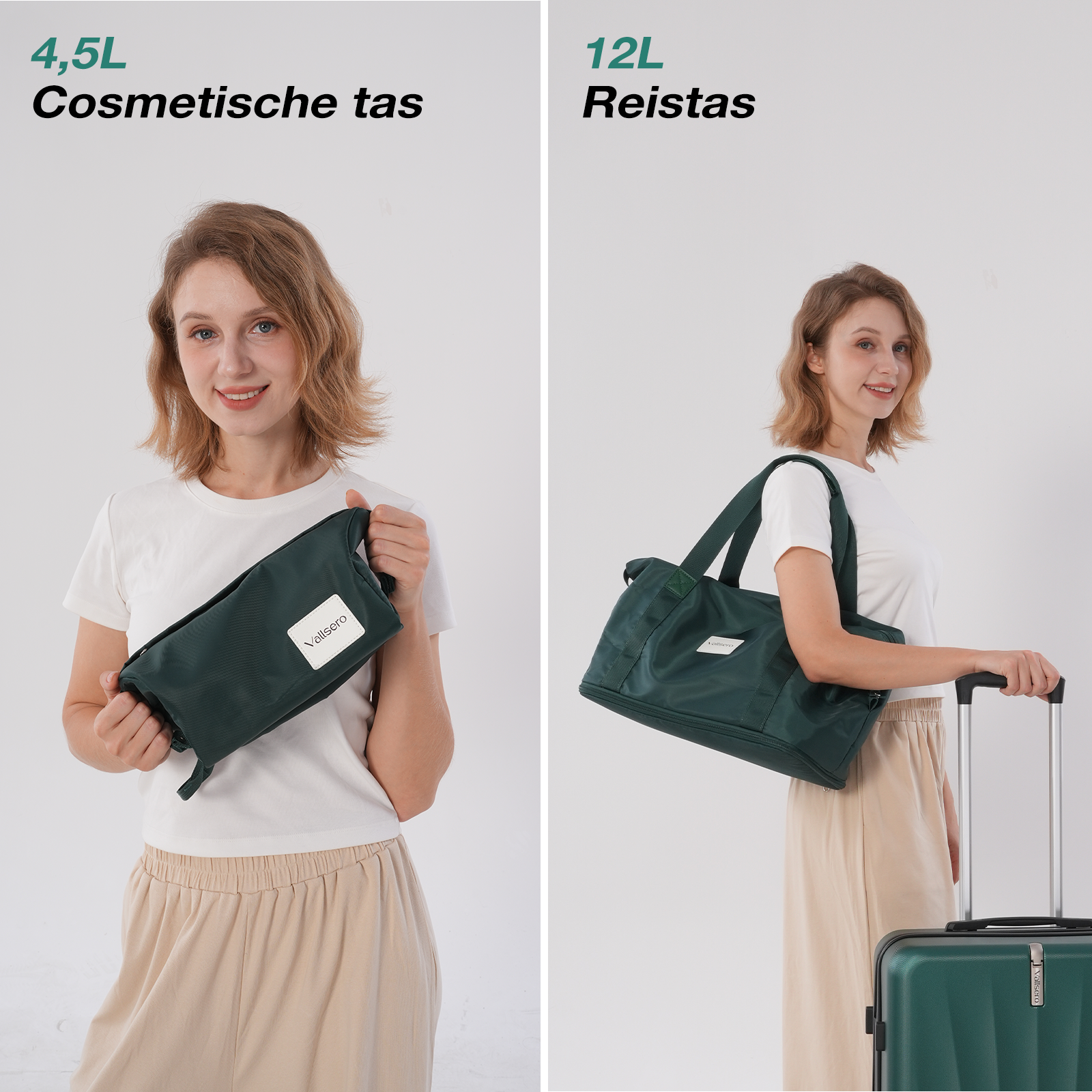Woman holding a green cosmetic bag and a travel bag, standing next to a green suitcase, all against a white background.