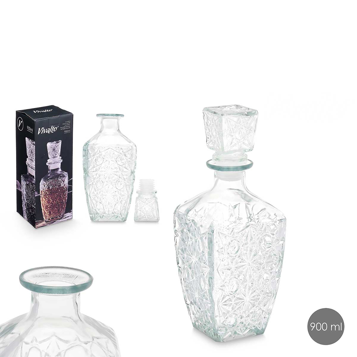 Decanter in vetro trasparente con tappo quadrato, vari altri oggetti in vetro e confezione del prodotto. Il decanter è da 900 ml.