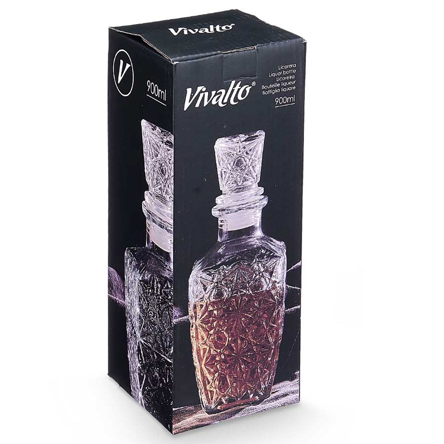 Una bottiglia di liquore Vivalto in una scatola nera. La bottiglia è di cristallo con un motivo a diamante e riempita di liquido marrone.