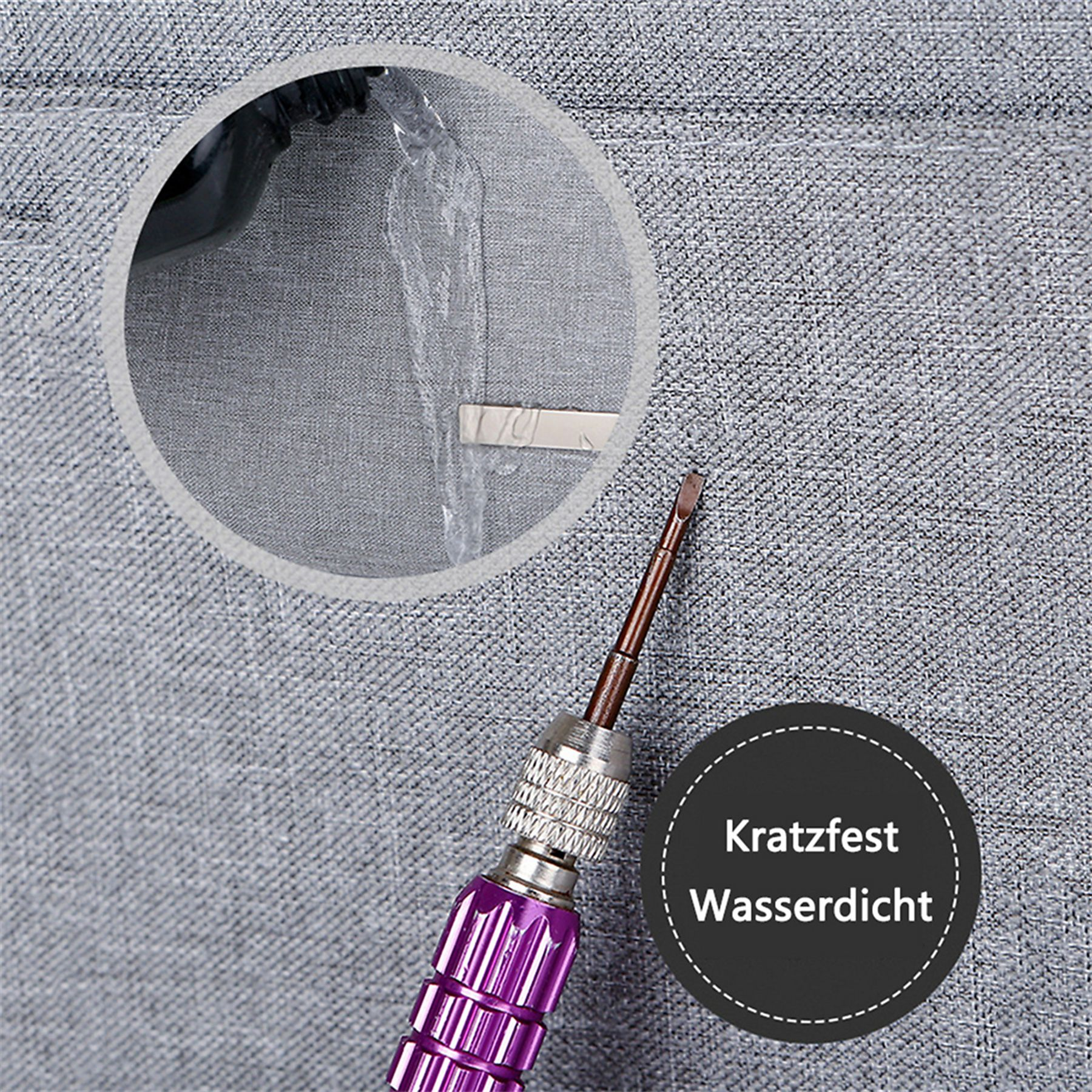 Schraubendreher mit lila Griff, Wassertest und Text 'Kratzfest Wasserdicht' auf grauem Stoffhintergrund.