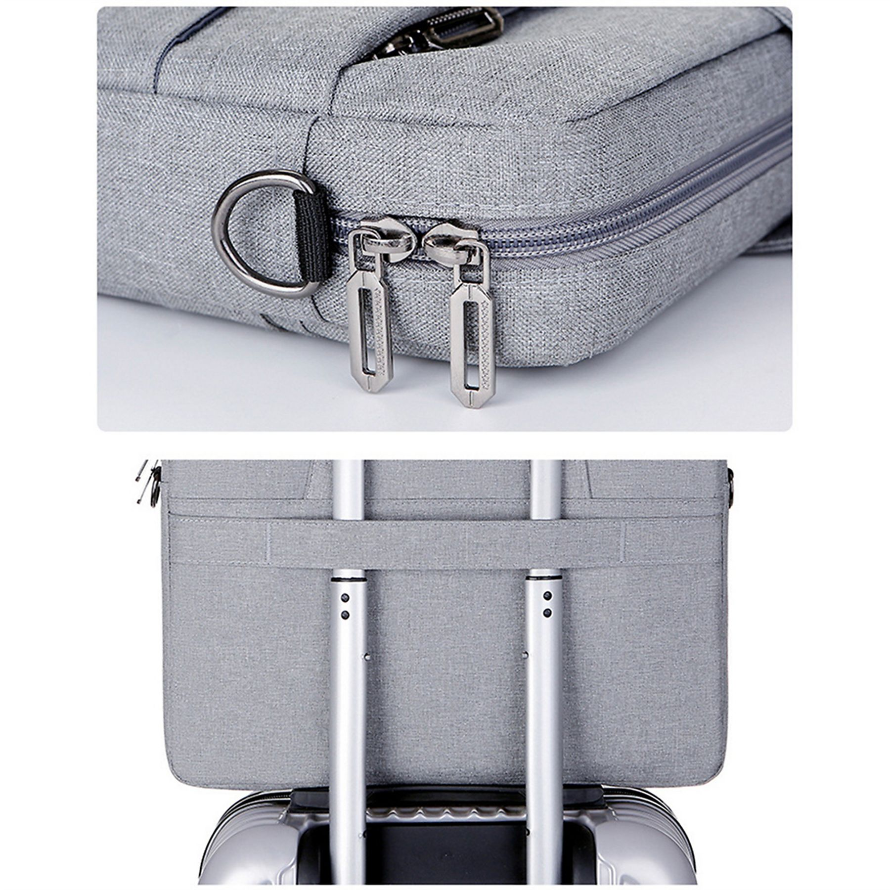 Nahaufnahme einer grauen Tasche mit Reißverschluss, Metallgriff und an einem Koffer befestigt. Die Tasche ist aus Stoff.