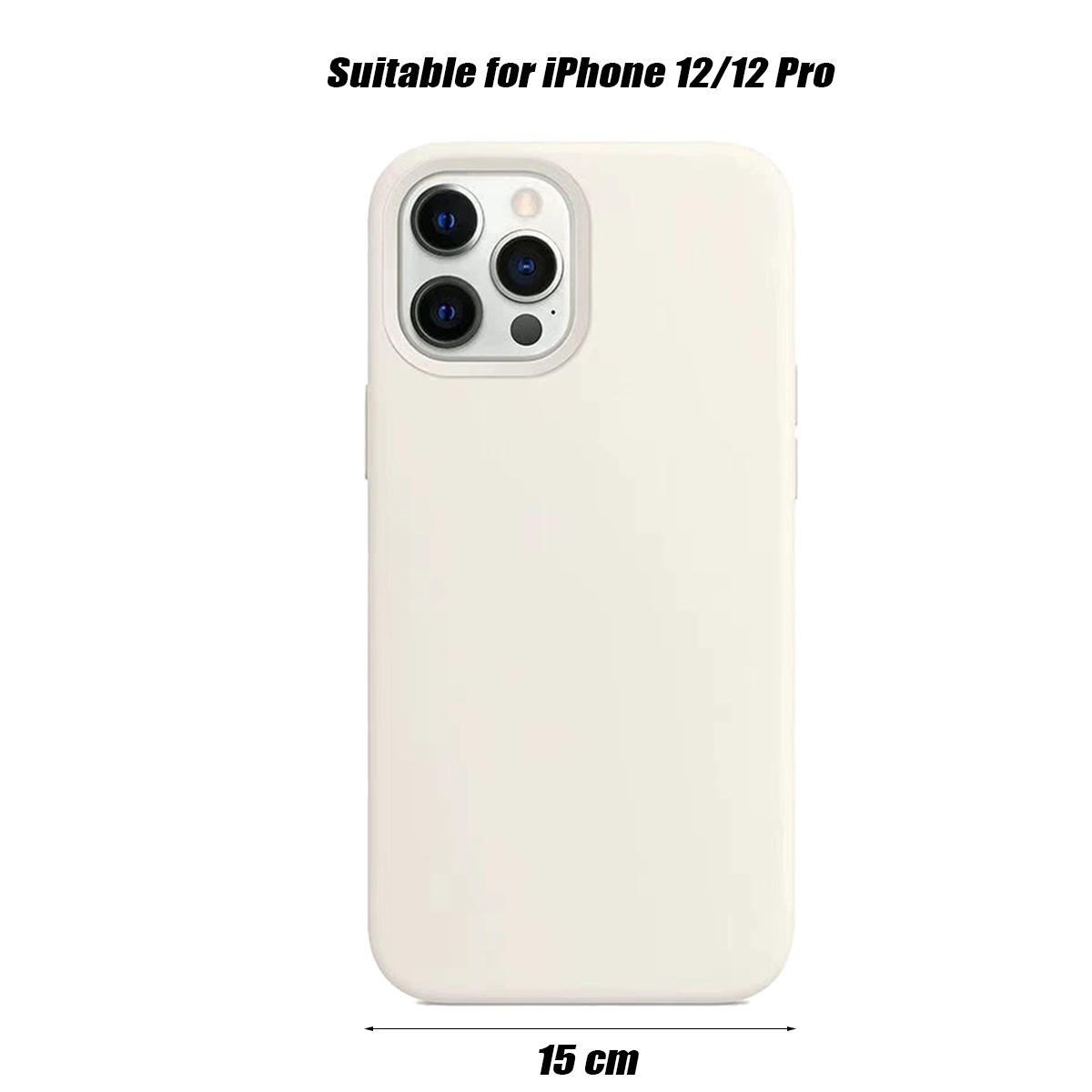 Eine weiße Handyhülle für iPhone 12/12 Pro, mit Kameraausschnitten und einer 15 cm Größenangabe.