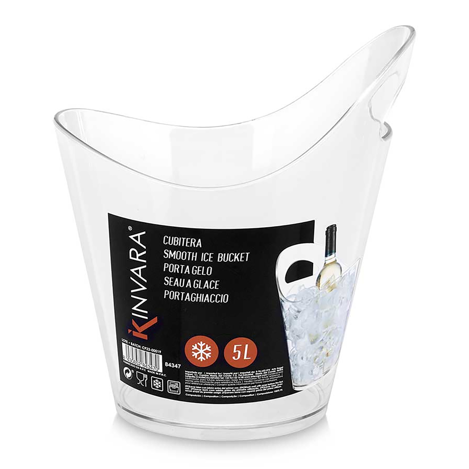 Un secchiello per il ghiaccio in plastica trasparente con un'etichetta nera. Contiene ghiaccio e una bottiglia di vino. L'etichetta dice 'Smooth Ice Bucket'.