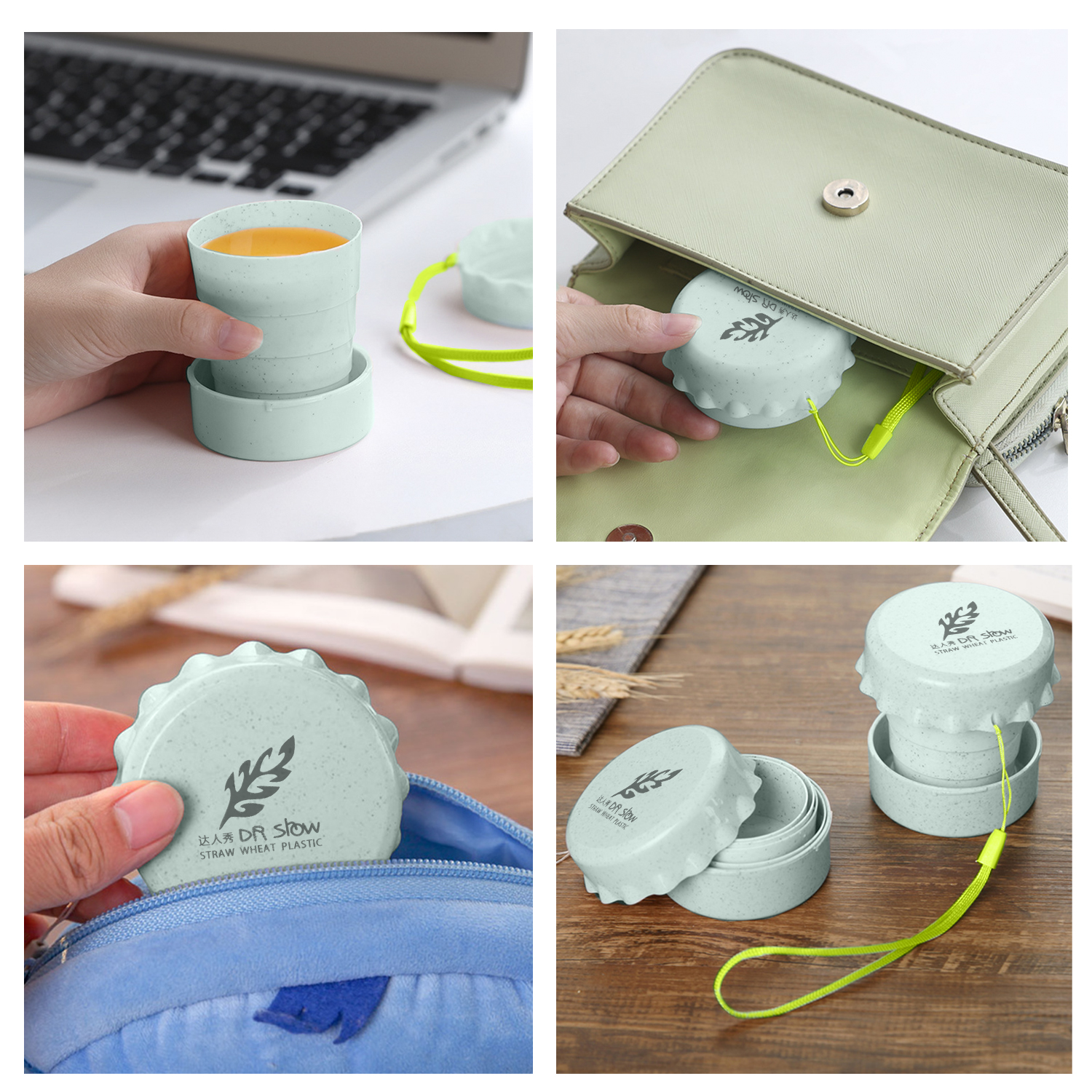 Tazza verde pieghevole con liquido arancione, coperchio e cordino. Mostrata in uso e riposta in una borsa. Etichettata 'DR slow'.