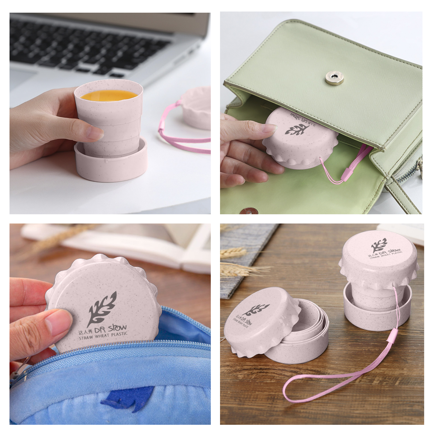 Una mano tiene in mano una tazza rosa pieghevole piena di liquido arancione. Sullo sfondo c'è un laptop. Sono visibili anche un'altra tazza e un coperchio.