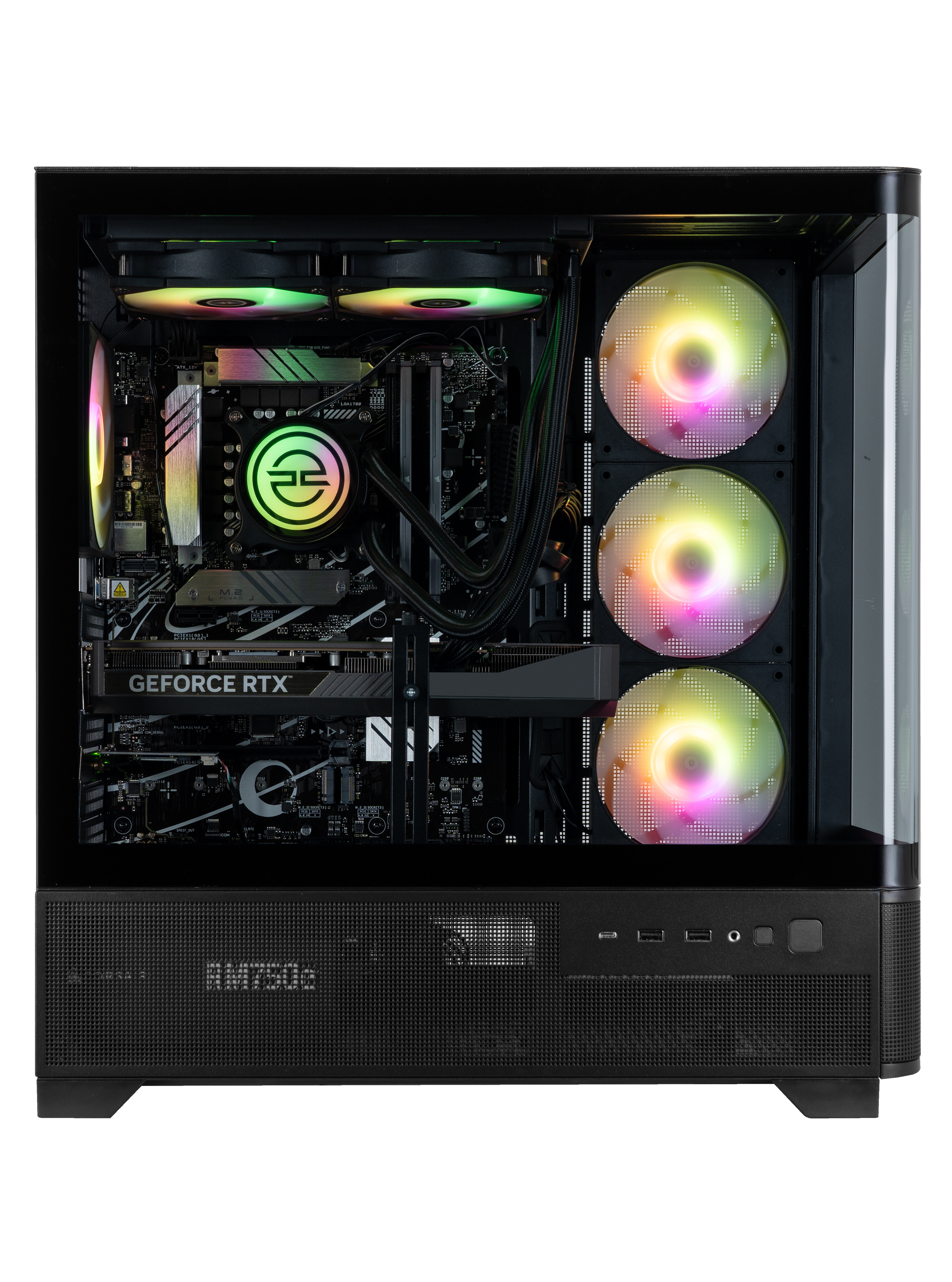 Un case per computer con componenti all'interno, tra cui una scheda grafica, ventole con luci colorate e un alimentatore.