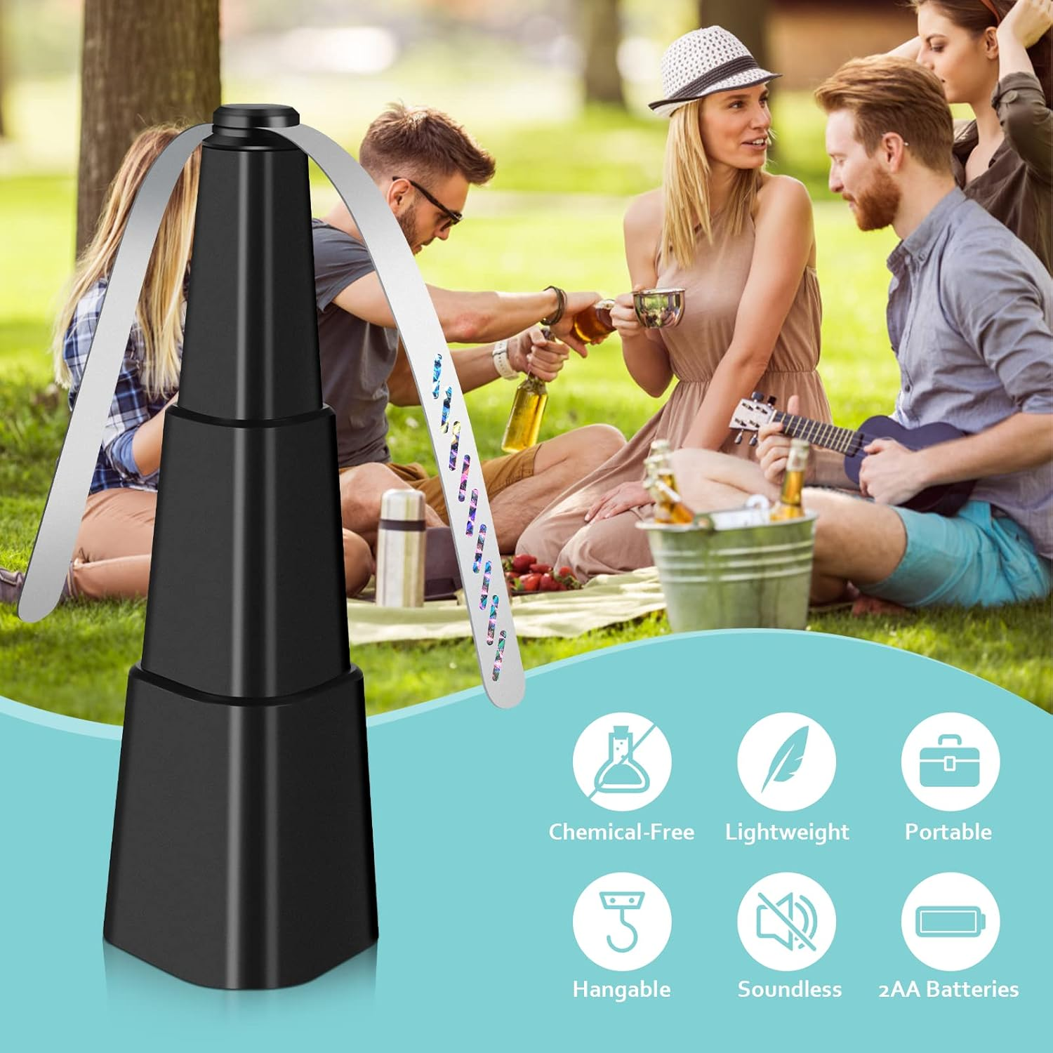 Ein schwarzes Insektenschutzmittel mit Klingen. Im Hintergrund genießen Menschen ein Picknick. Das Gerät ist chemiefrei, leicht und tragbar.