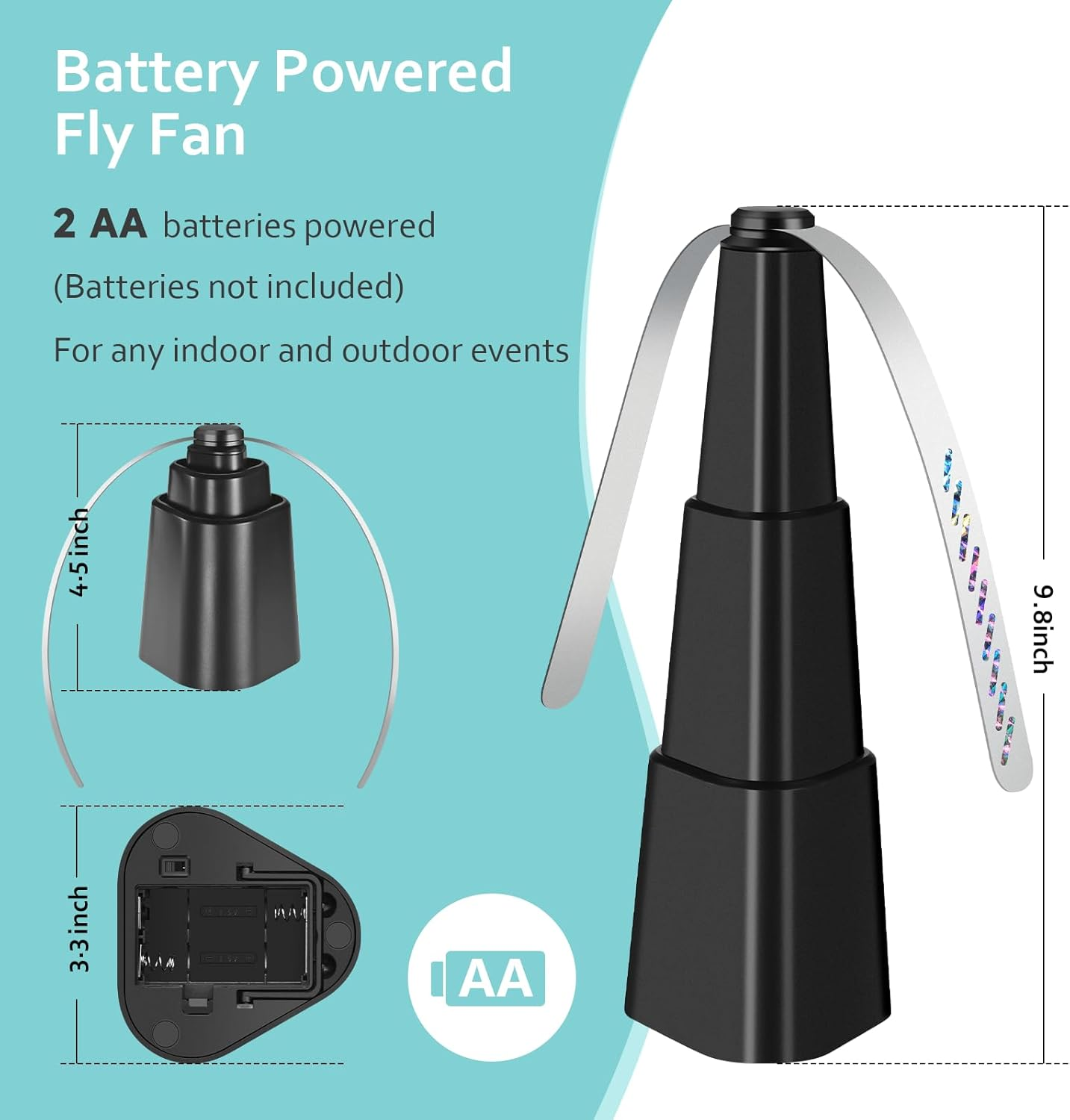 Ein schwarzer Fliegenventilator mit silbernen Blättern. Text gibt an, dass er 2 AA-Batterien verwendet. Abmessungen sind angegeben.