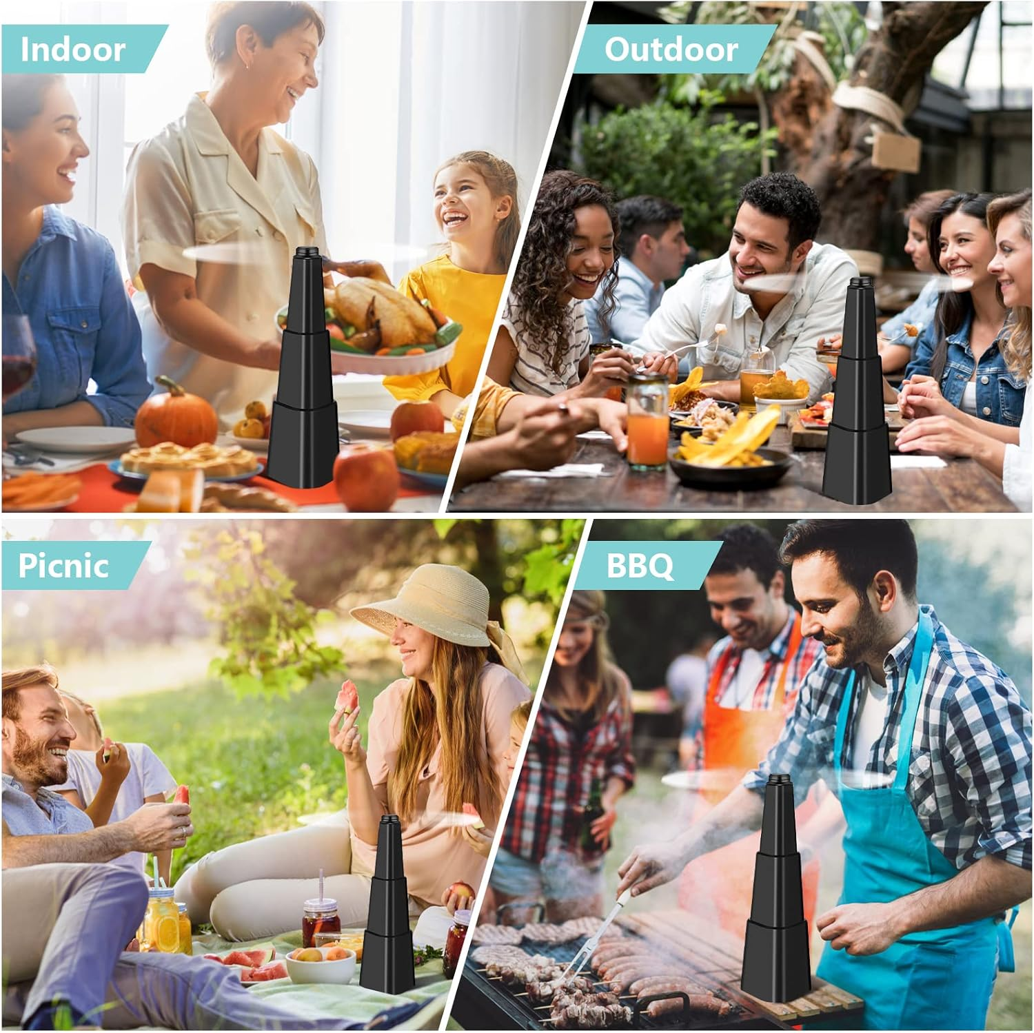 Vier Szenen: drinnen, draußen, Picknick und Grillen. Jede Szene zeigt ein schwarzes, gestuftes Objekt. Menschen genießen in jeder Umgebung Essen und Getränke.